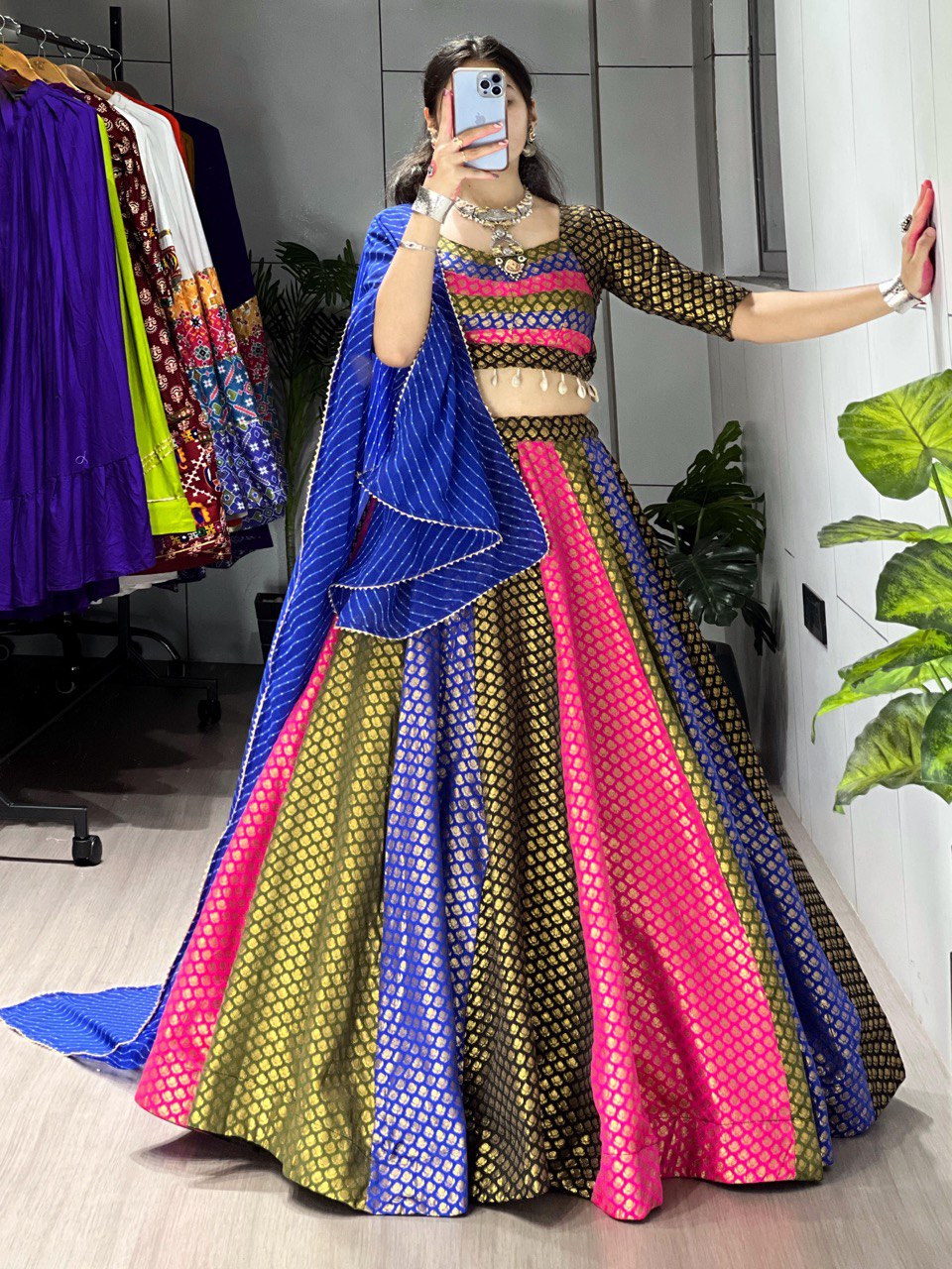 Multicolor soft silk weaving kaudi work lehenga choli with dupatta