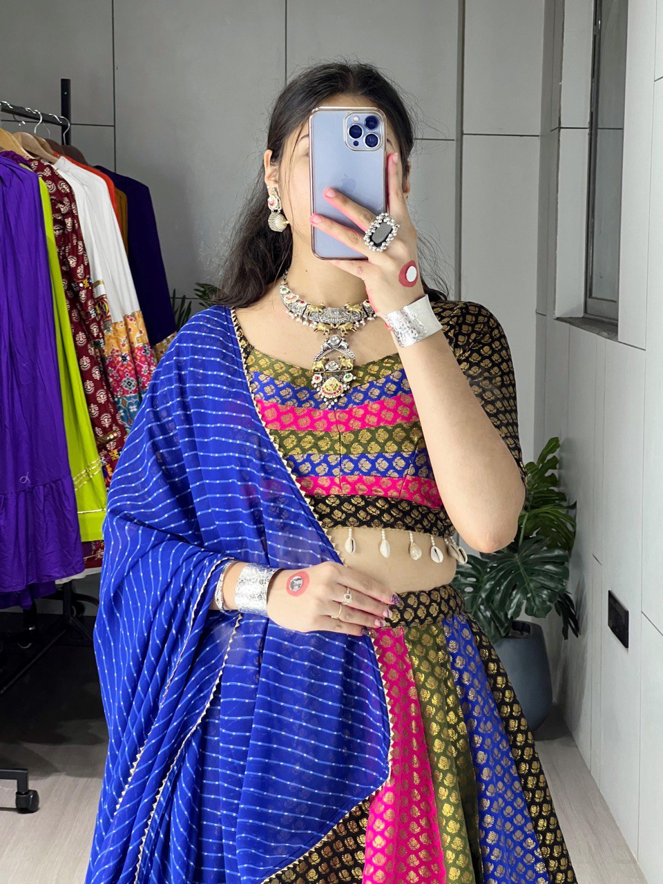 Multicolor soft silk weaving kaudi work lehenga choli with dupatta