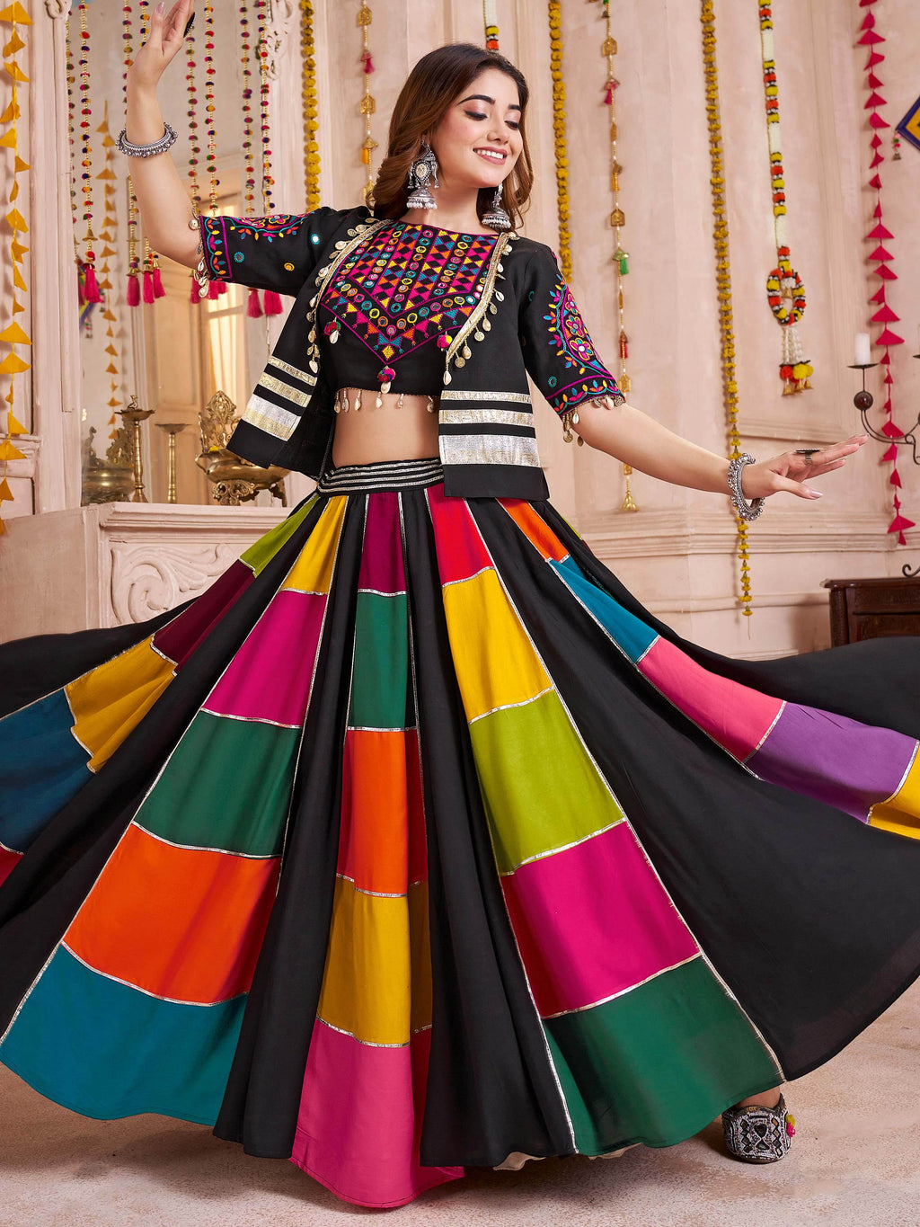 Black multicolor viscose cotton mirror embroidered lehenga choli with jacket