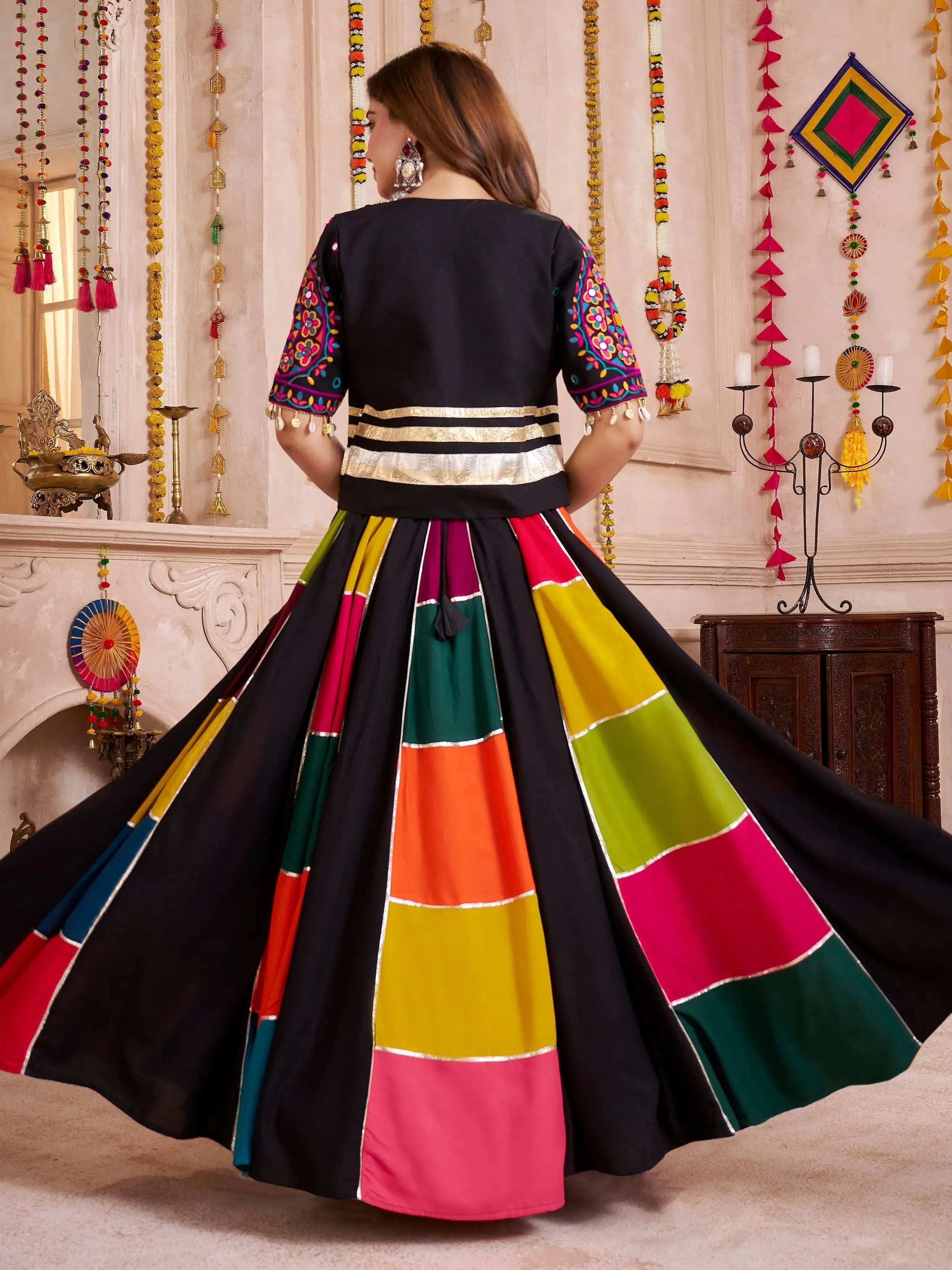 Black multicolor viscose cotton mirror embroidered lehenga choli with jacket