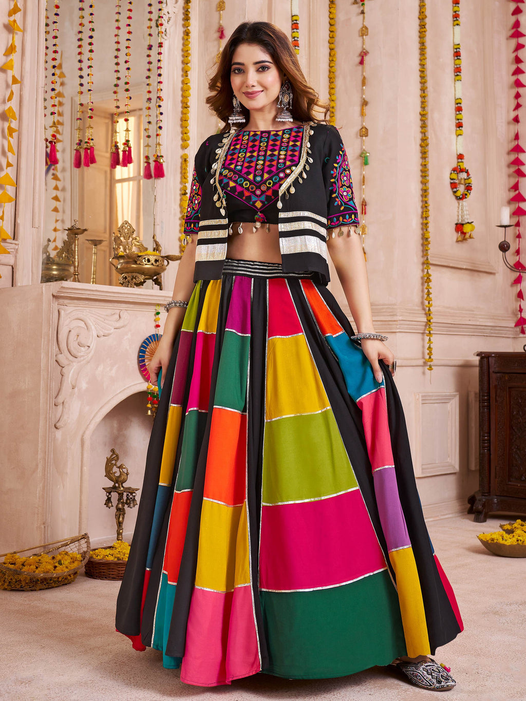 Black multicolor viscose cotton mirror embroidered lehenga choli with jacket