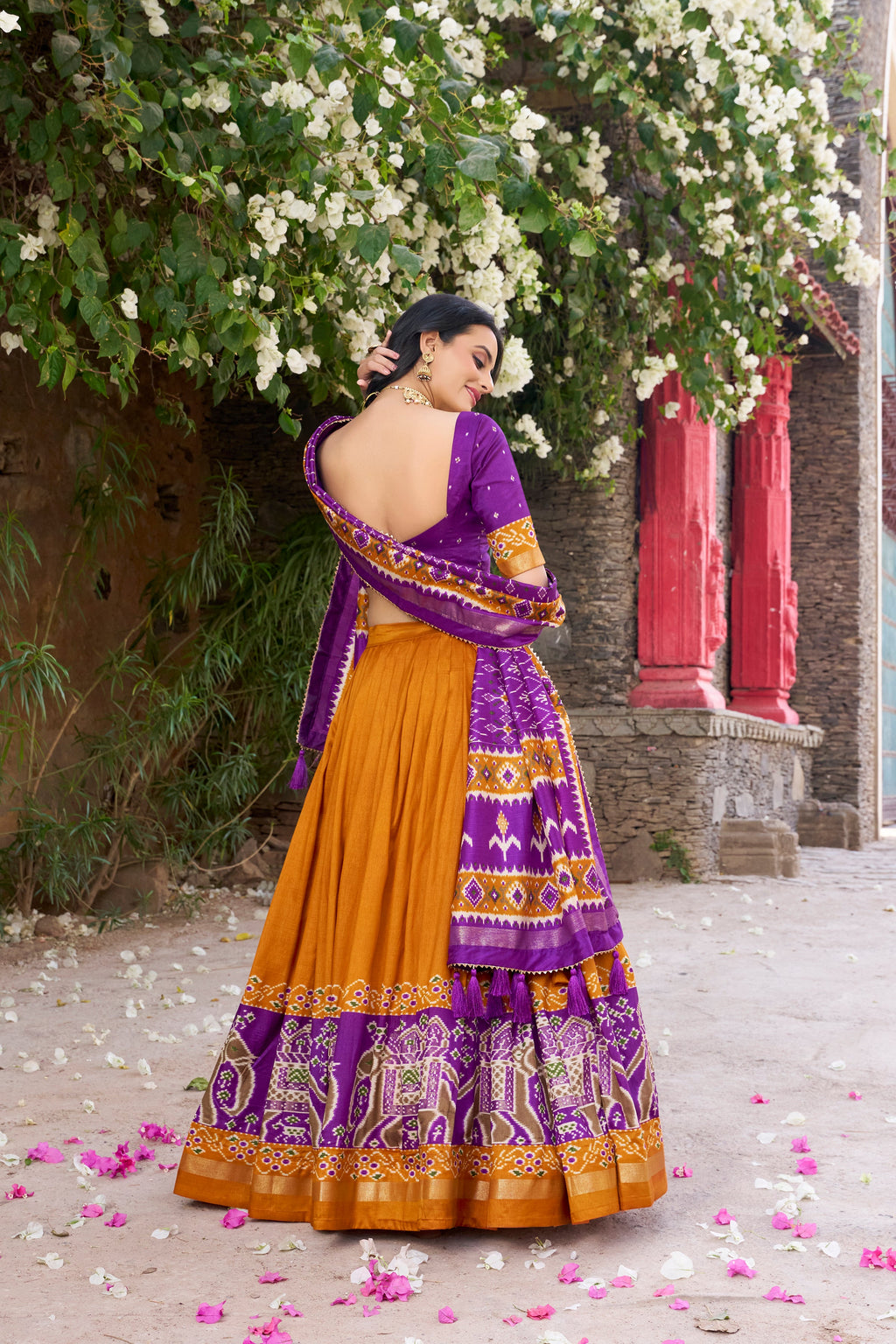 Mustard yellow Tussar silk Patola print foil work gotta patti lehenga choli