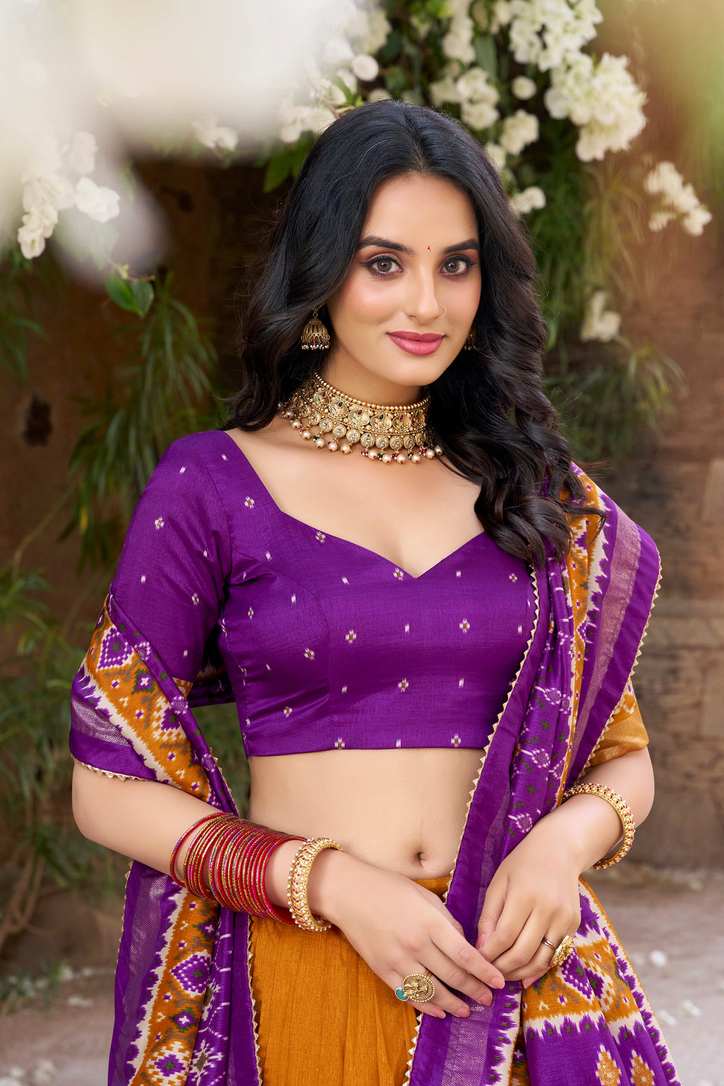 Mustard yellow Tussar silk Patola print foil work gotta patti lehenga choli