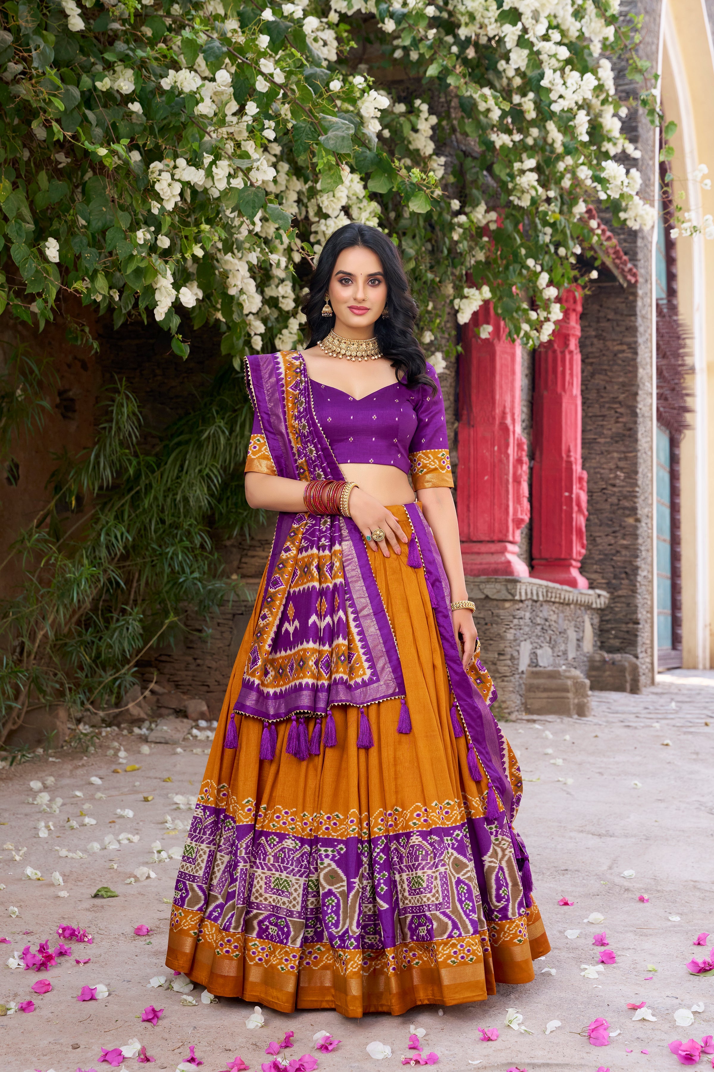 Mustard yellow Tussar silk Patola print foil work gotta patti lehenga choli