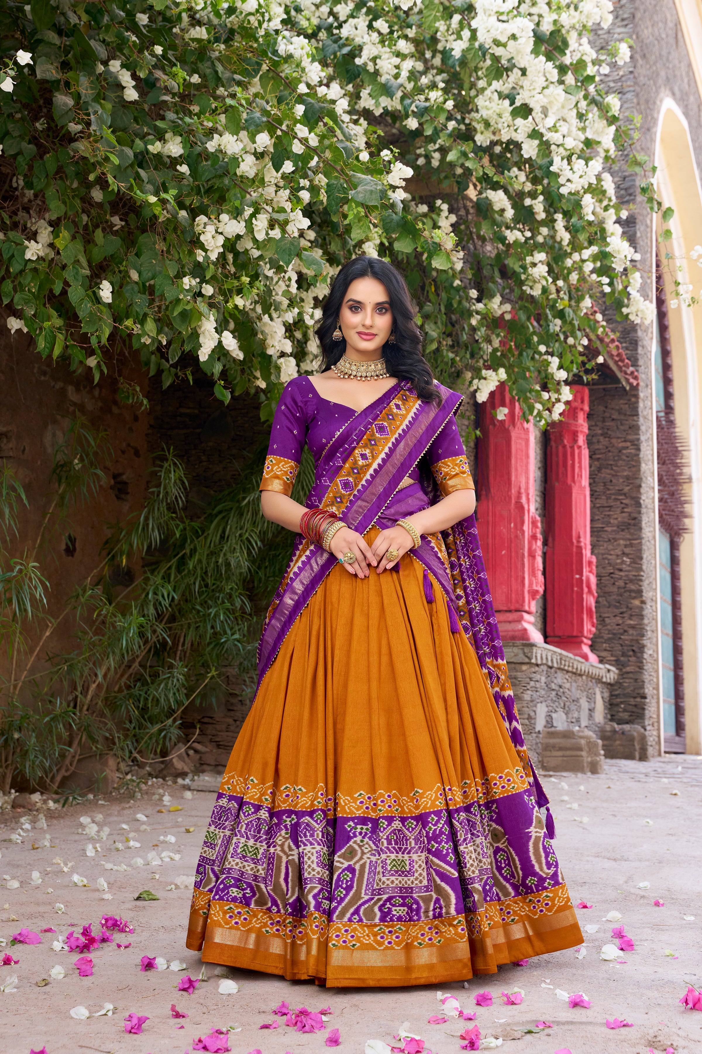 Mustard yellow Tussar silk Patola print foil work gotta patti lehenga choli