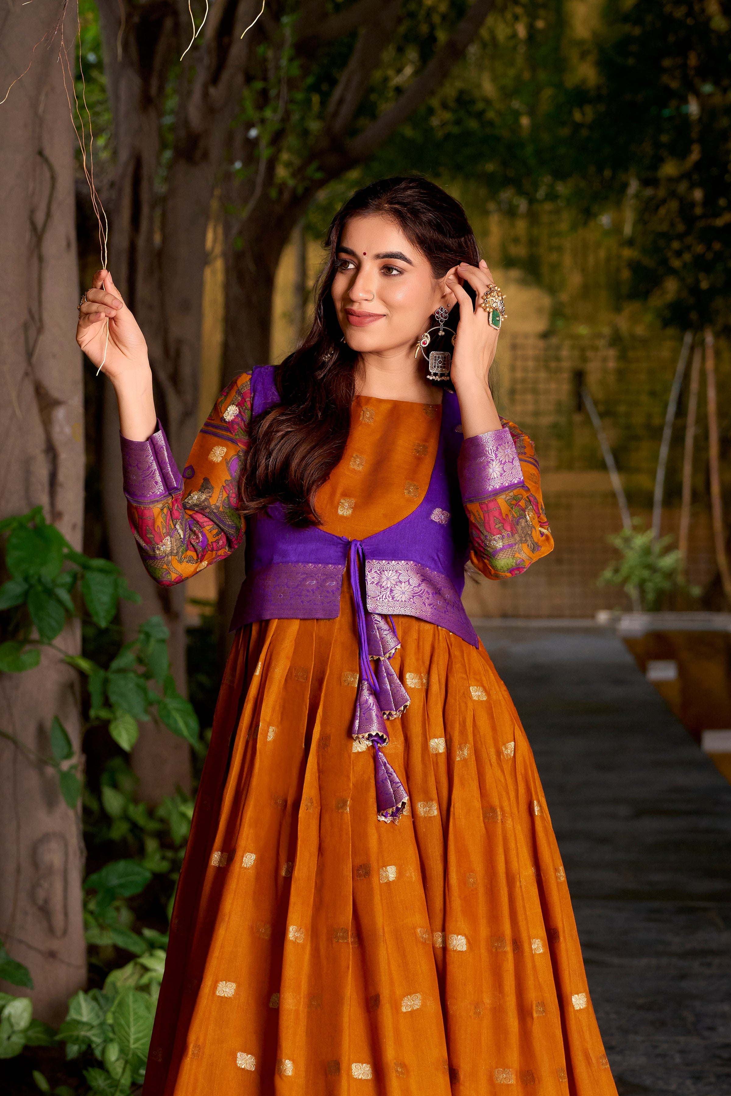 Mustard yellow poly cotton Kalamkari print gown with zari weaving koti