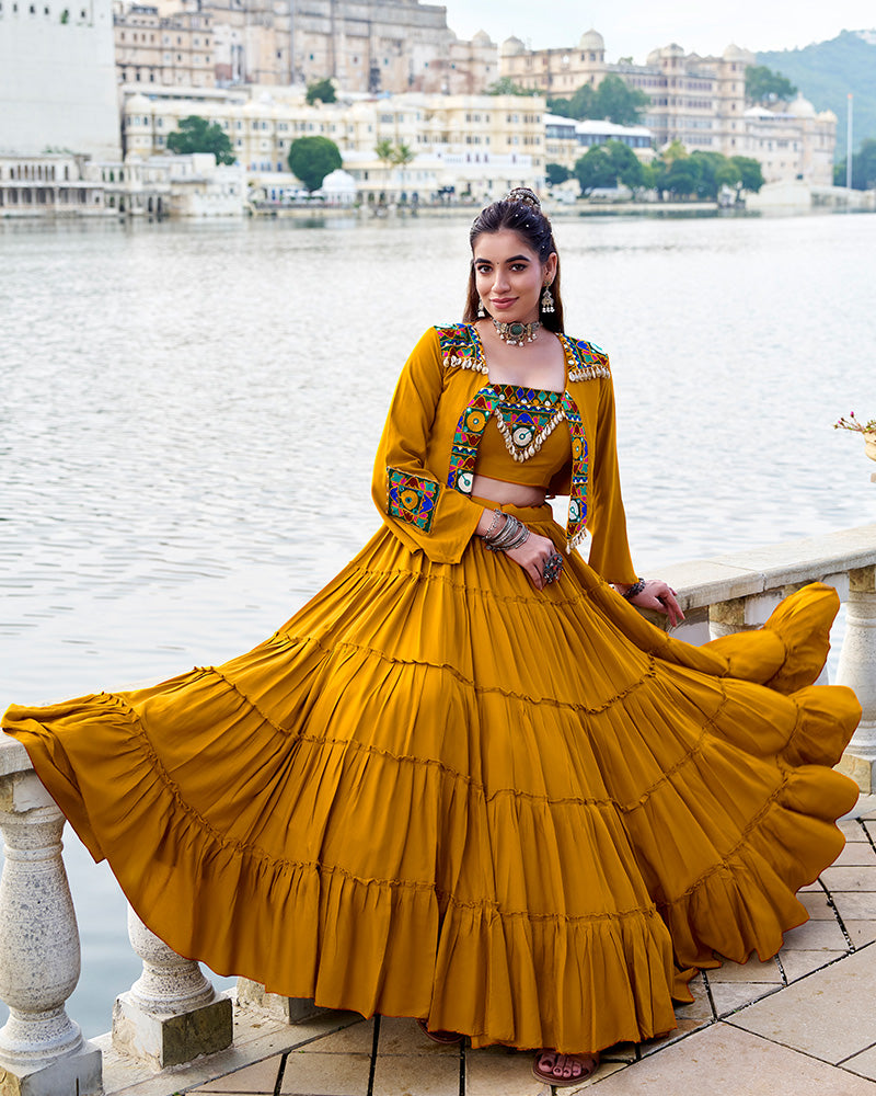 Mustard yellow rayon lehenga set with mirror embroidered blouse and koti