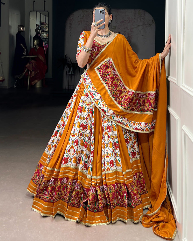 Mustard Yellow Rayon Silk Patola Print Gamthi Work Lehenga Choli
