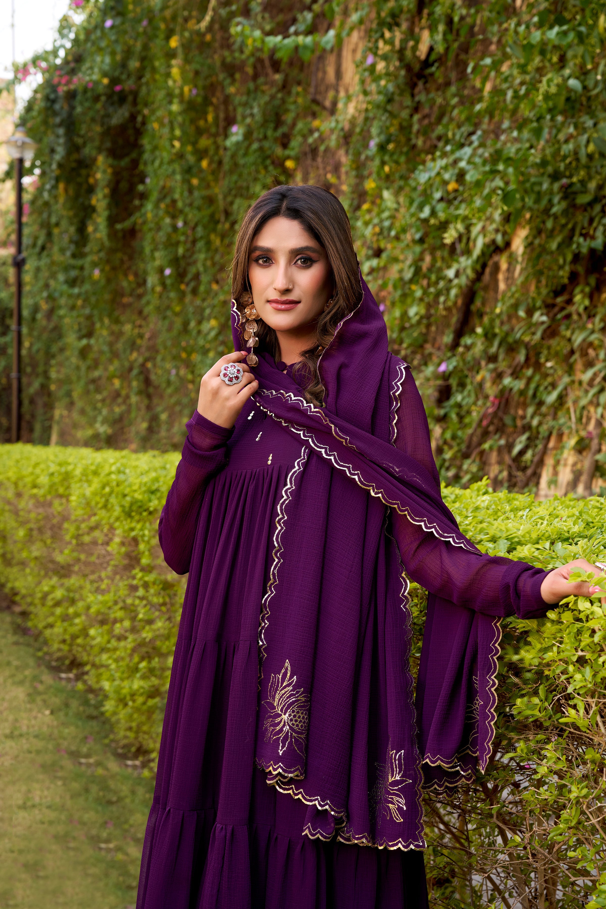 Nalini purple marble foil work anarkali suit set with dupatta