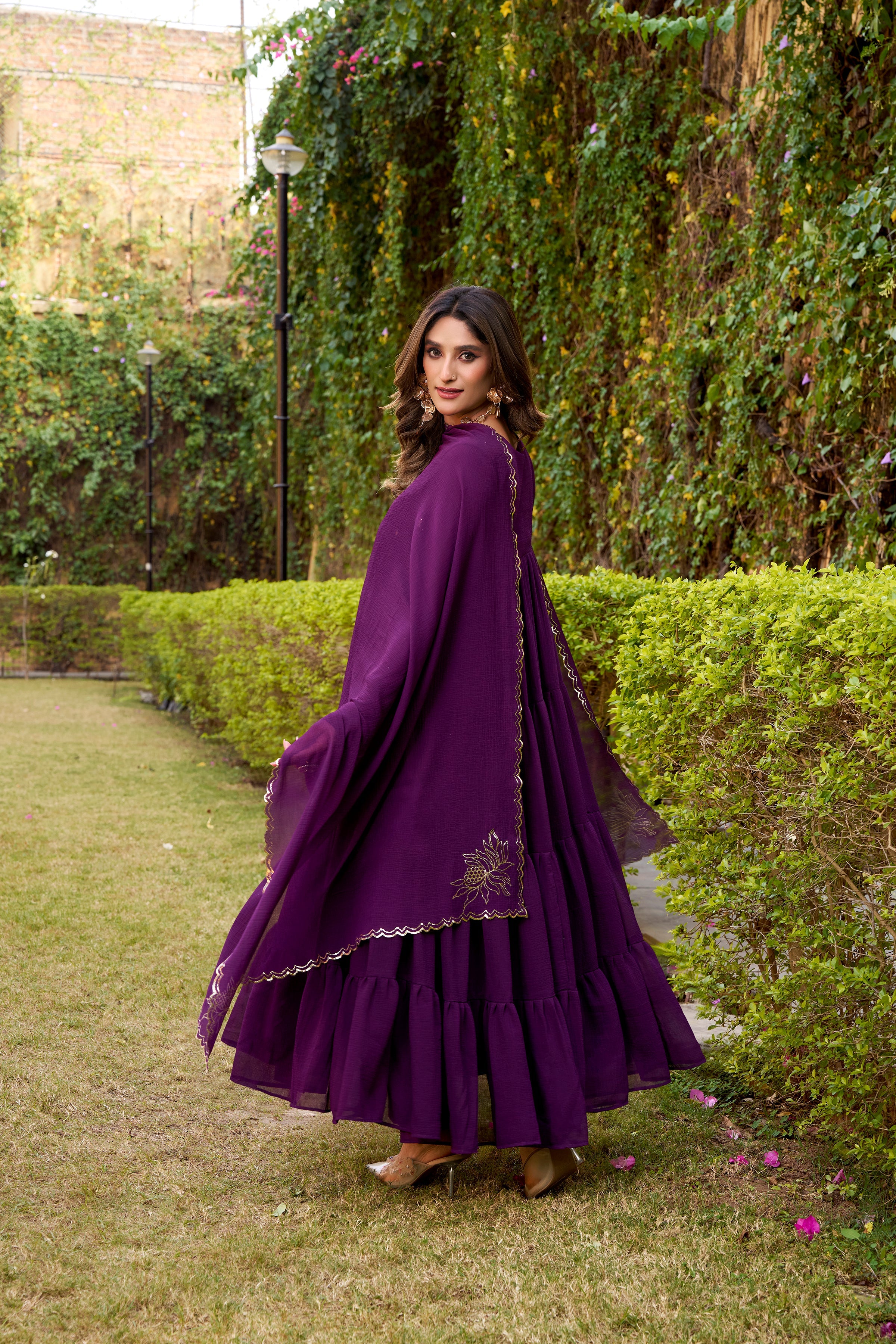 Nalini purple marble foil work anarkali suit set with dupatta
