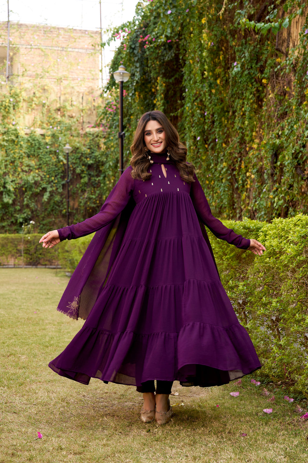 Nalini purple marble foil work anarkali suit set with dupatta