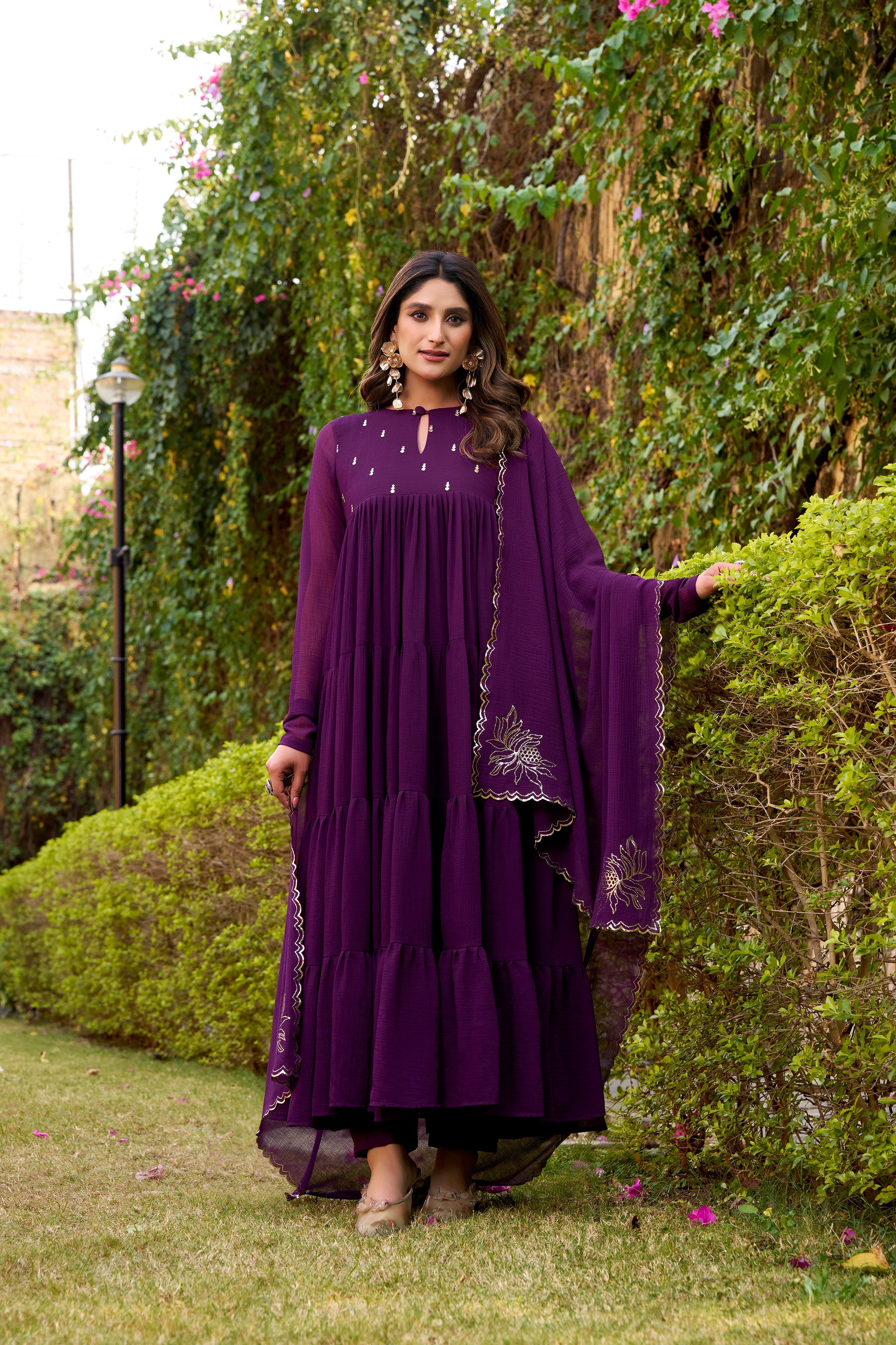 Nalini purple marble foil work anarkali suit set with dupatta