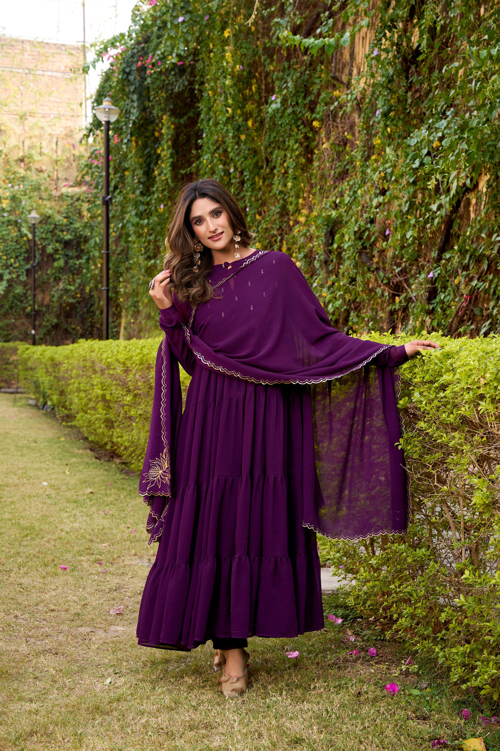 Nalini purple marble foil work anarkali suit set with dupatta