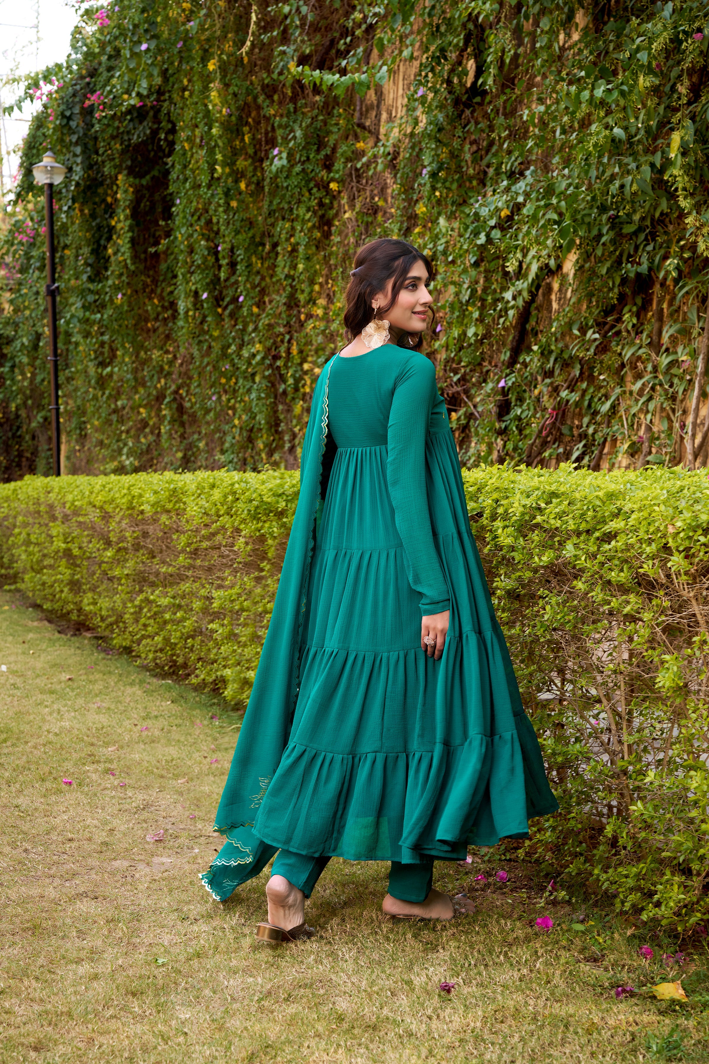Nalini teal green marble foil work anarkali suit set with dupatta