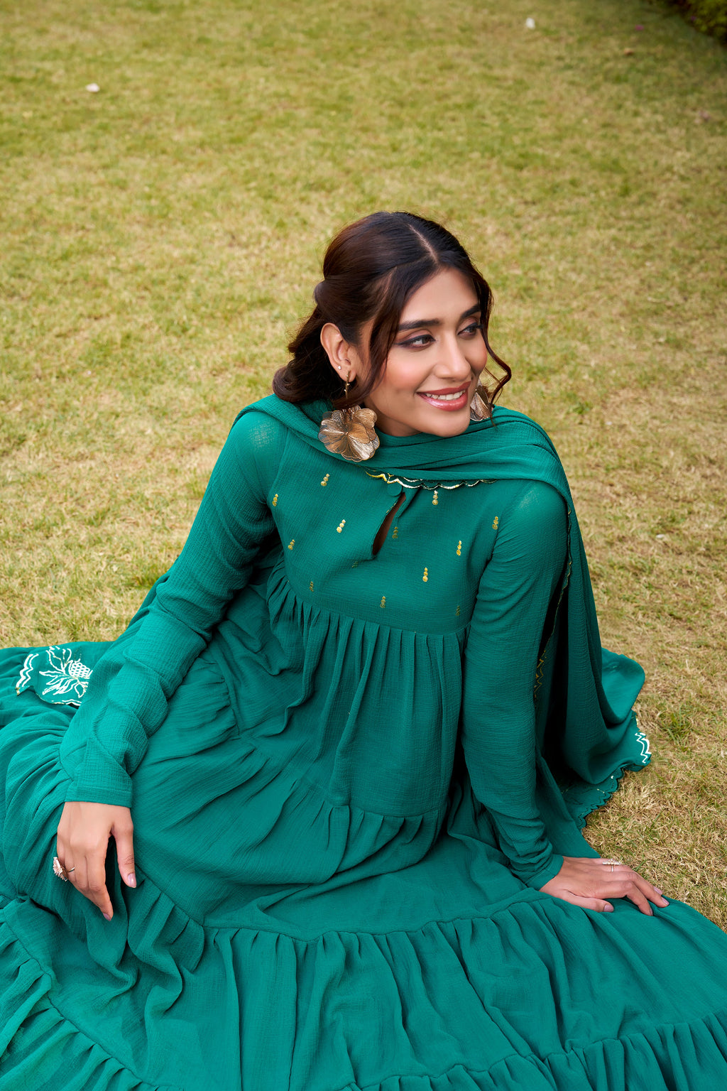 Nalini teal green marble foil work anarkali suit set with dupatta
