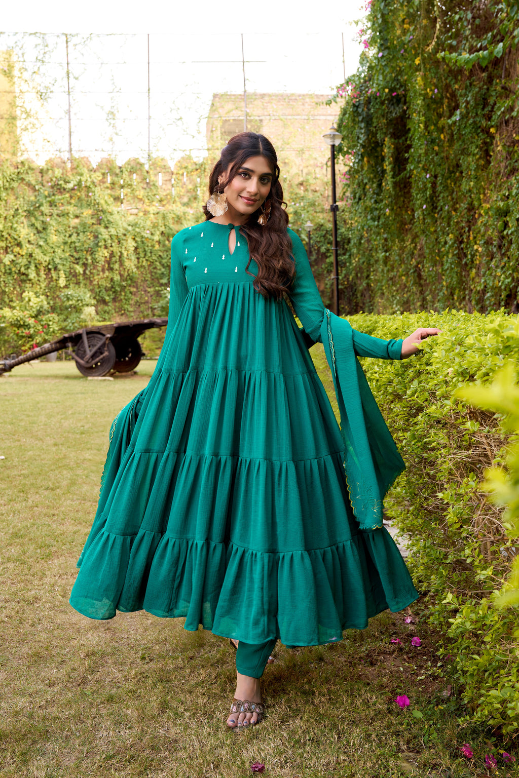 Nalini teal green marble foil work anarkali suit set with dupatta