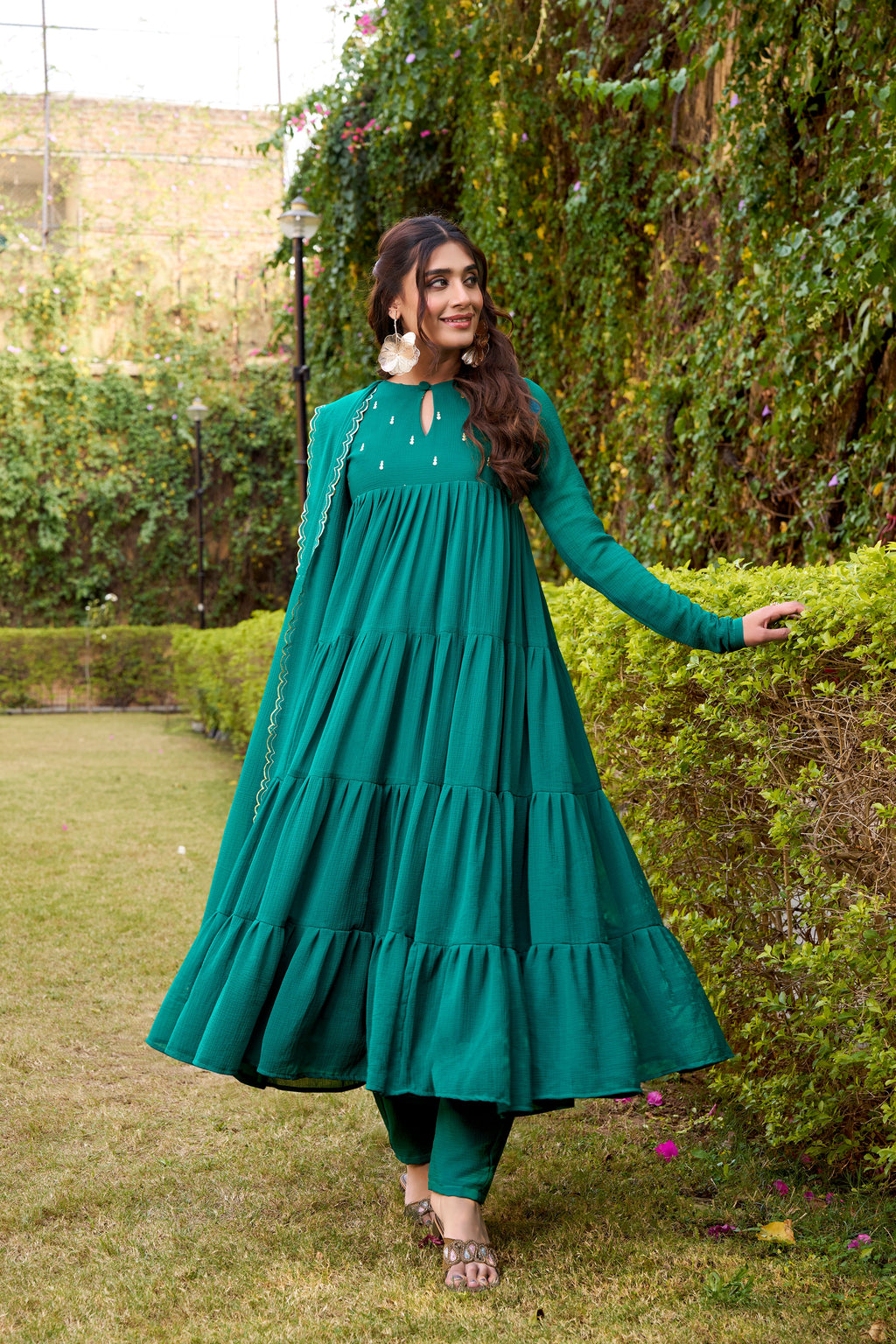 Nalini teal green marble foil work anarkali suit set with dupatta