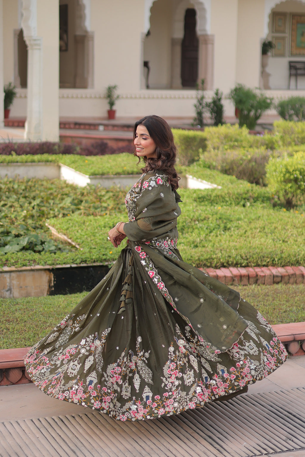 Navisha mehendi green gold crush lehenga choli with sequins zari embroidery work