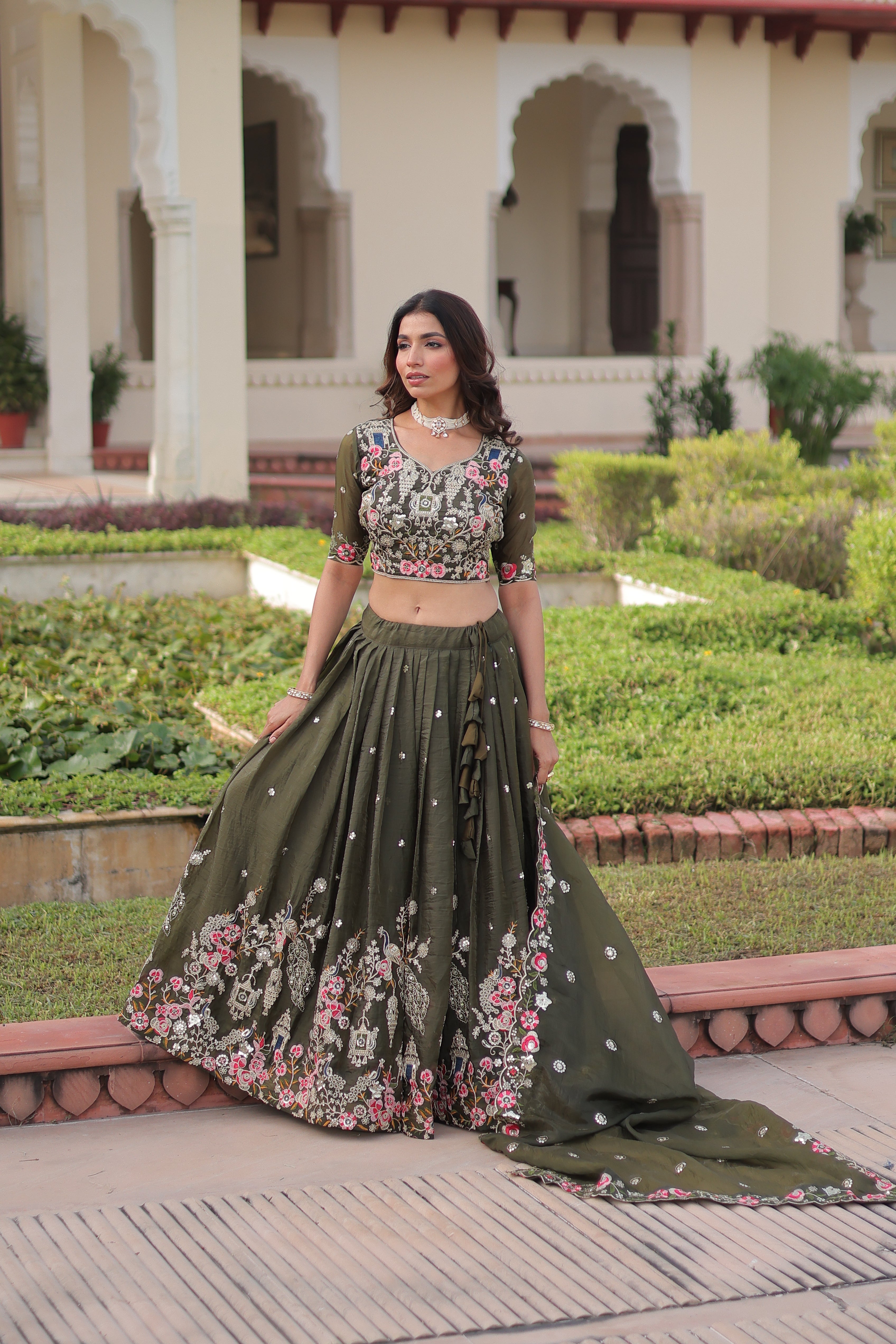 Navisha mehendi green gold crush lehenga choli with sequins zari embroidery work