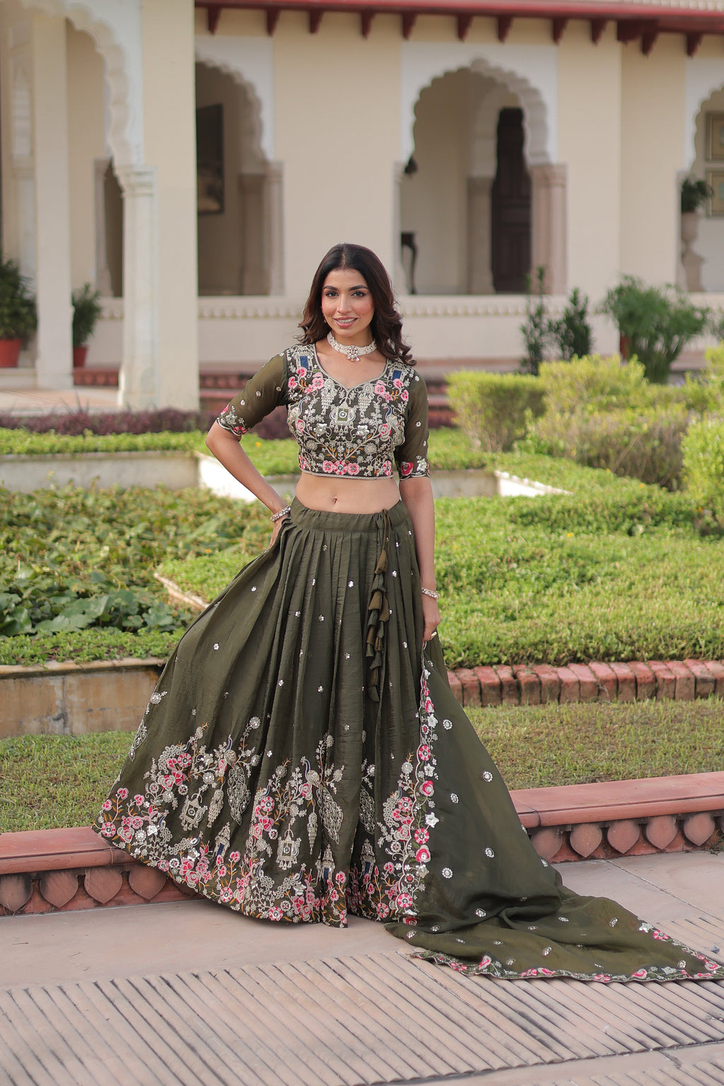 Navisha mehendi green gold crush lehenga choli with sequins zari embroidery work