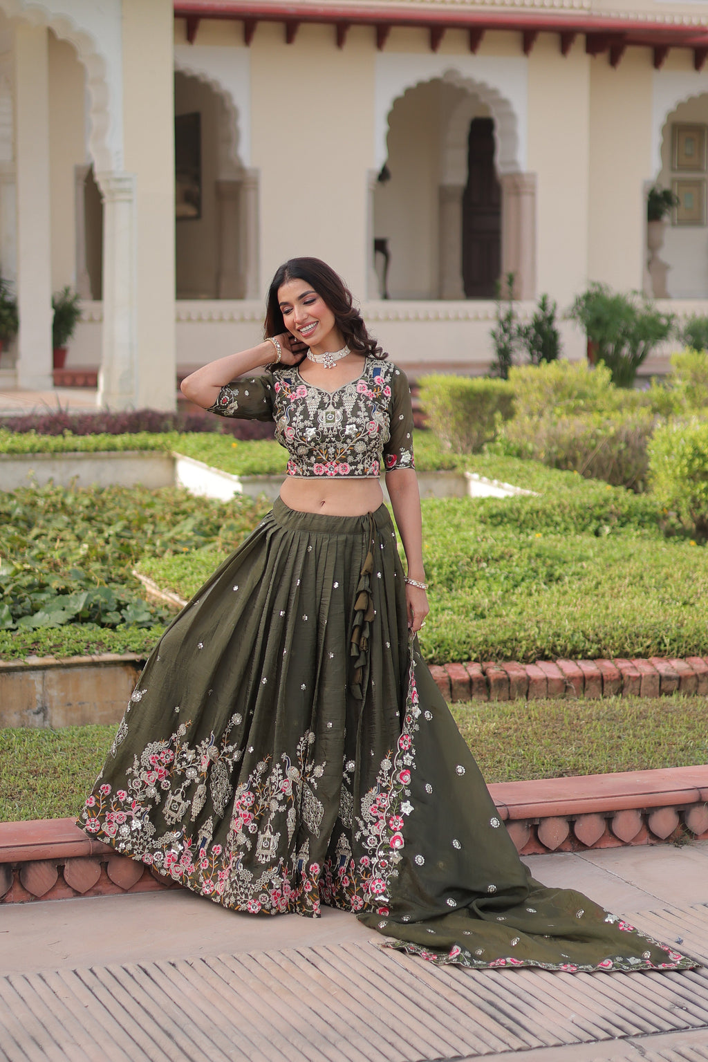Navisha mehendi green gold crush lehenga choli with sequins zari embroidery work