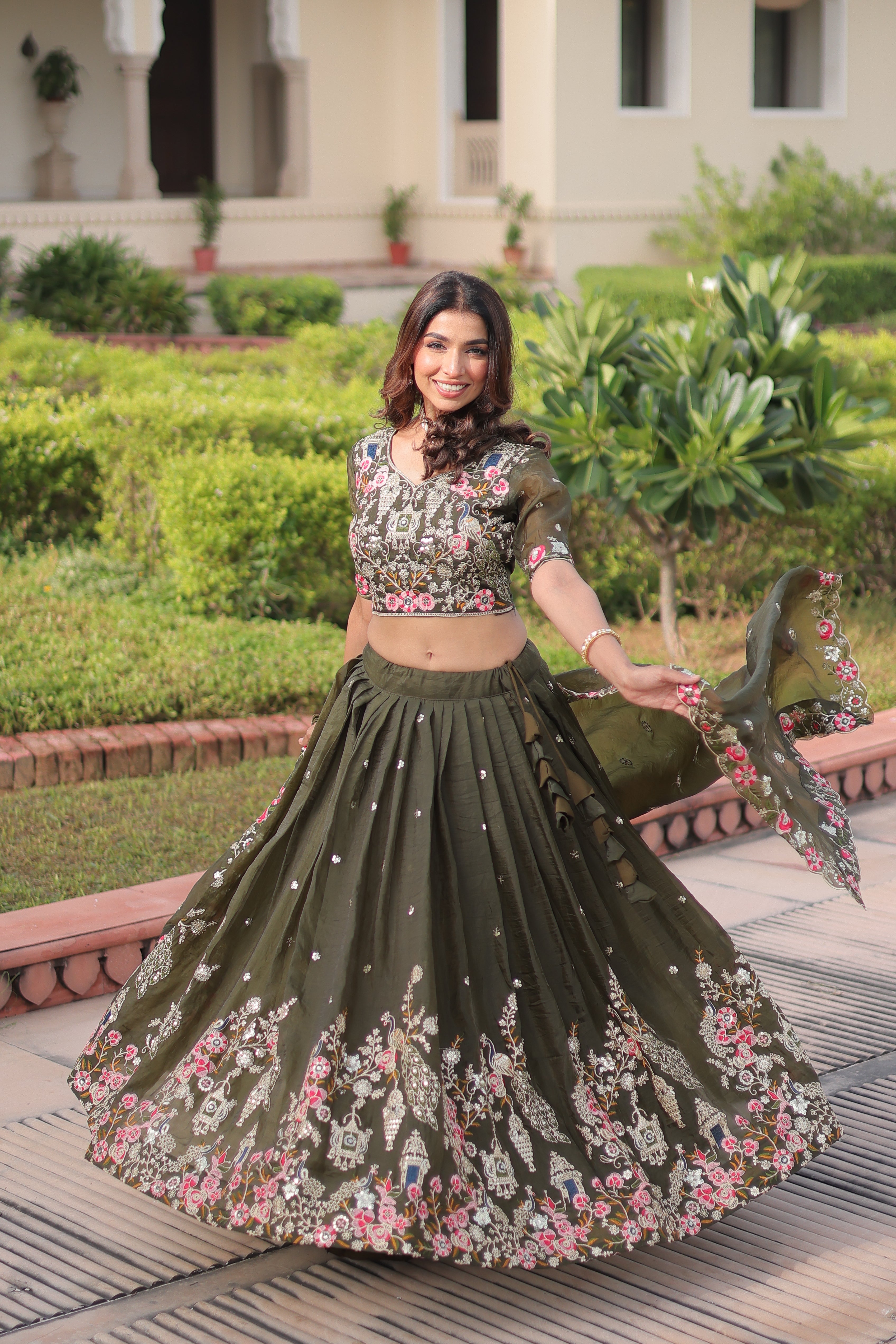 Navisha mehendi green gold crush lehenga choli with sequins zari embroidery work