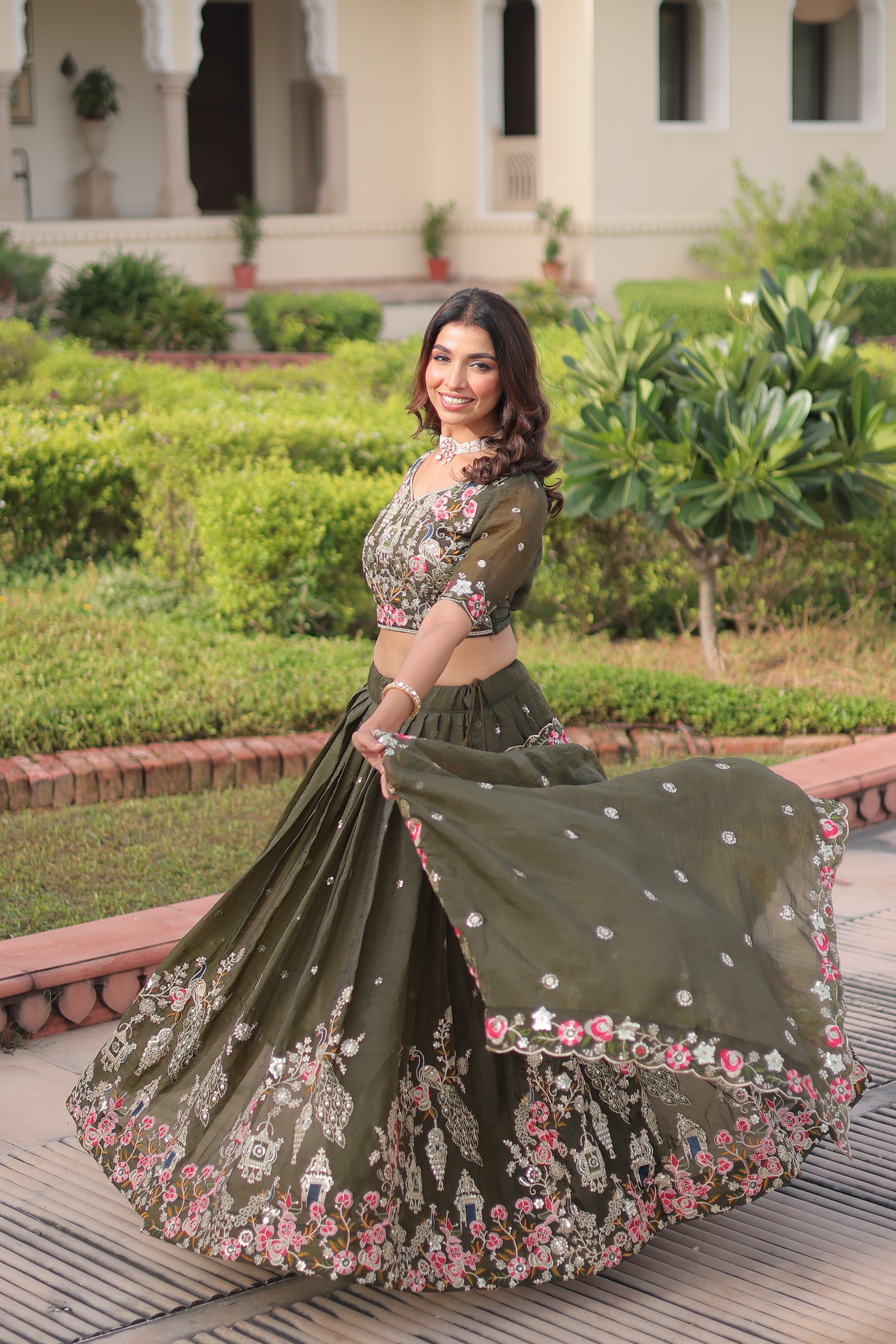 Navisha mehendi green gold crush lehenga choli with sequins zari embroidery work