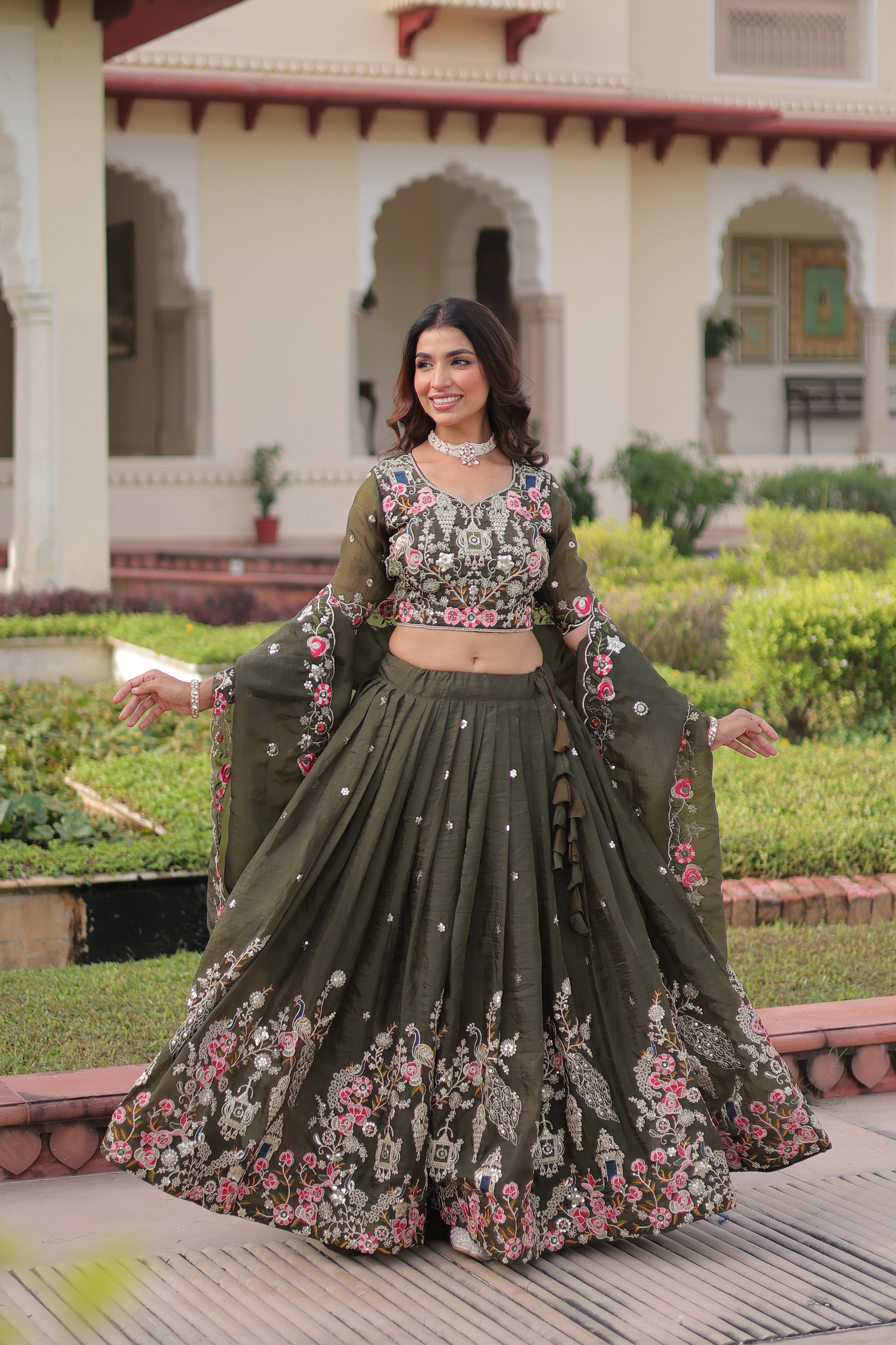 Navisha mehendi green gold crush lehenga choli with sequins zari embroidery work