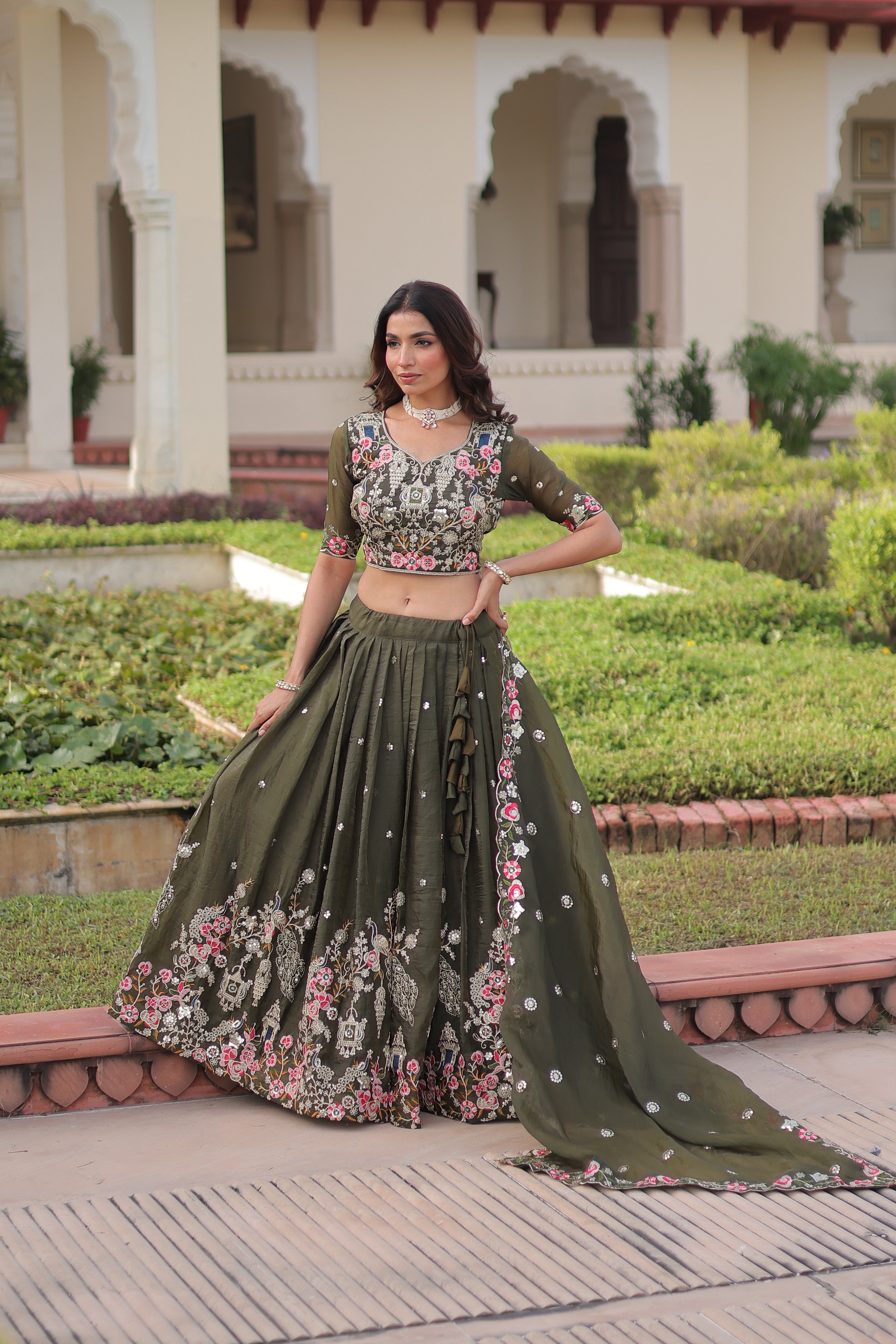 Navisha mehendi green gold crush lehenga choli with sequins zari embroidery work