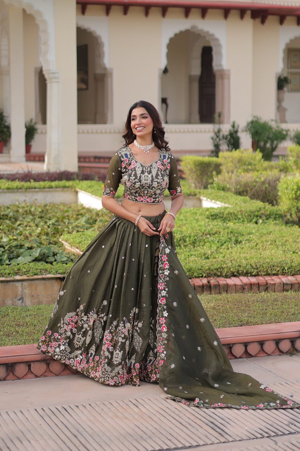 Navisha mehendi green gold crush lehenga choli with sequins zari embroidery work