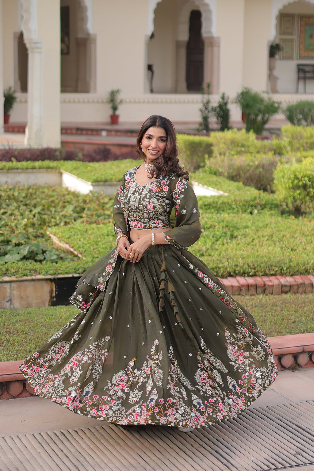 Navisha mehendi green gold crush lehenga choli with sequins zari embroidery work