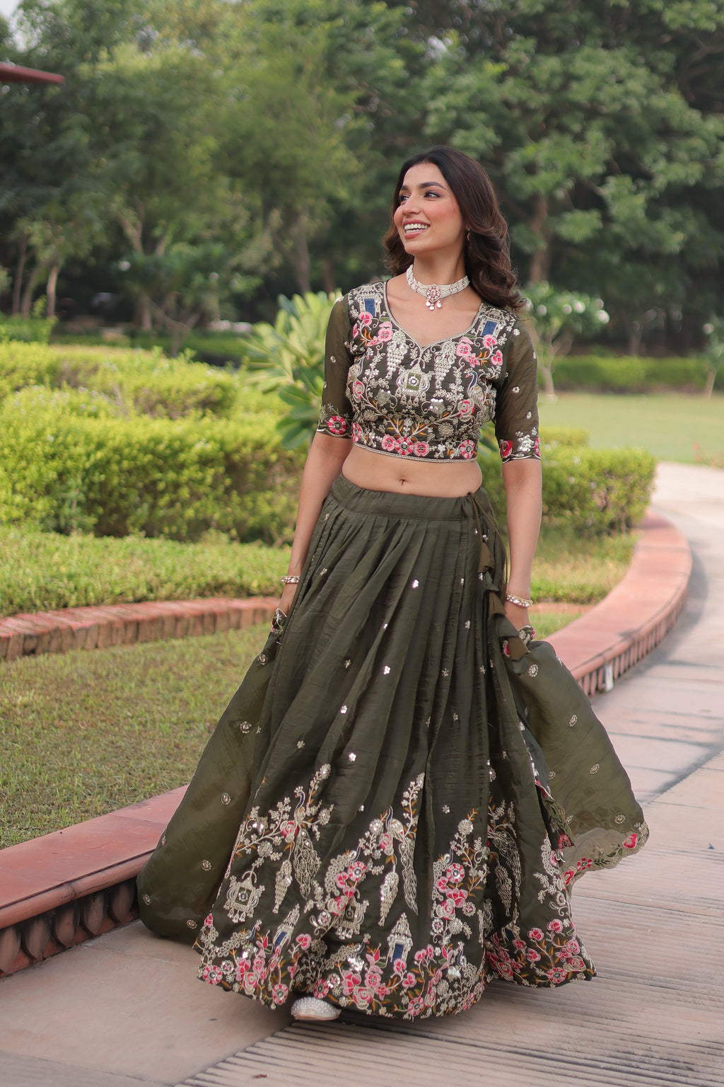 Navisha mehendi green gold crush lehenga choli with sequins zari embroidery work