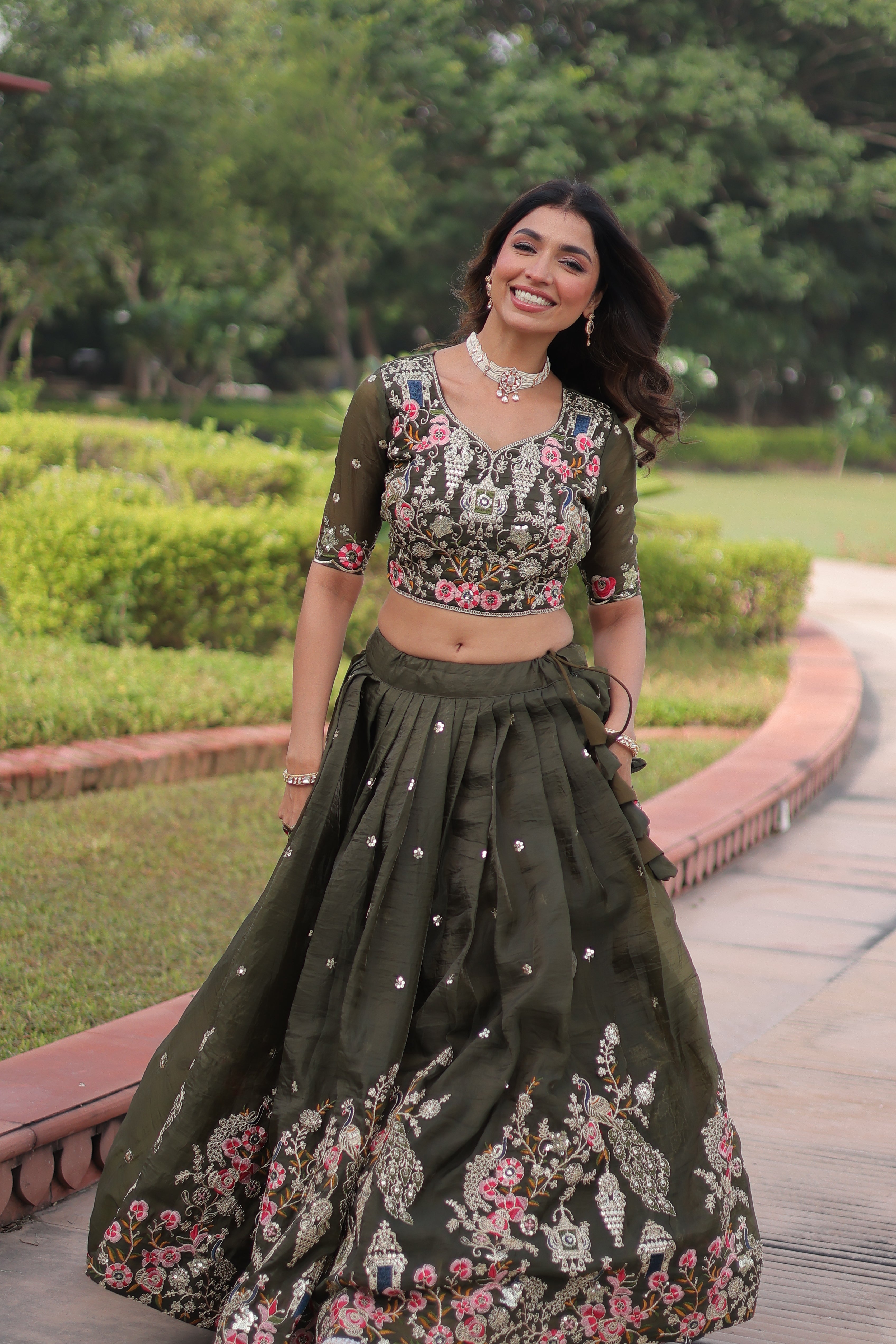Navisha mehendi green gold crush lehenga choli with sequins zari embroidery work