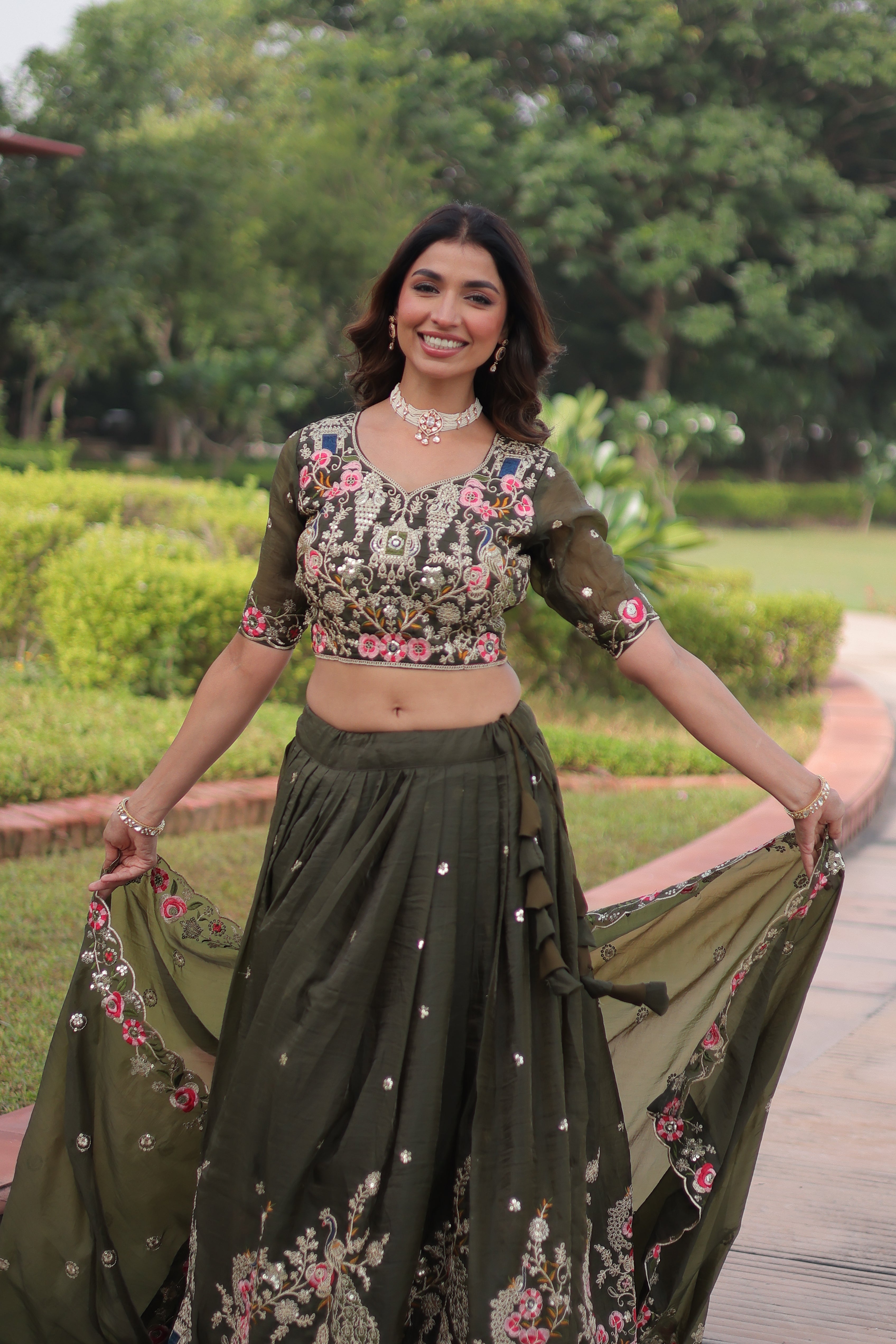 Navisha mehendi green gold crush lehenga choli with sequins zari embroidery work