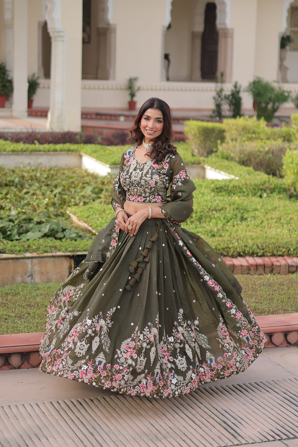 Navisha mehendi green gold crush lehenga choli with sequins zari embroidery work