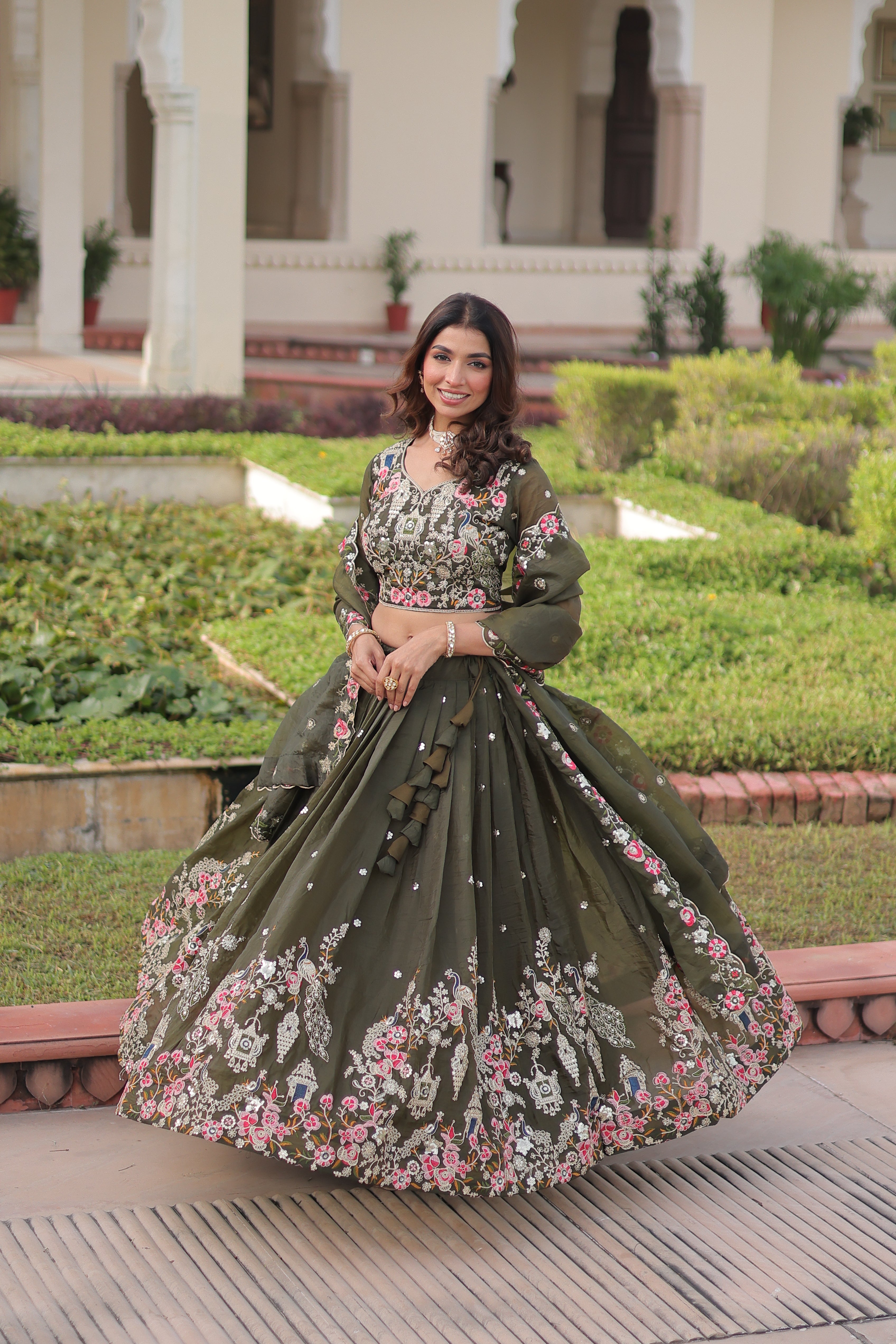 Navisha mehendi green gold crush lehenga choli with sequins zari embroidery work