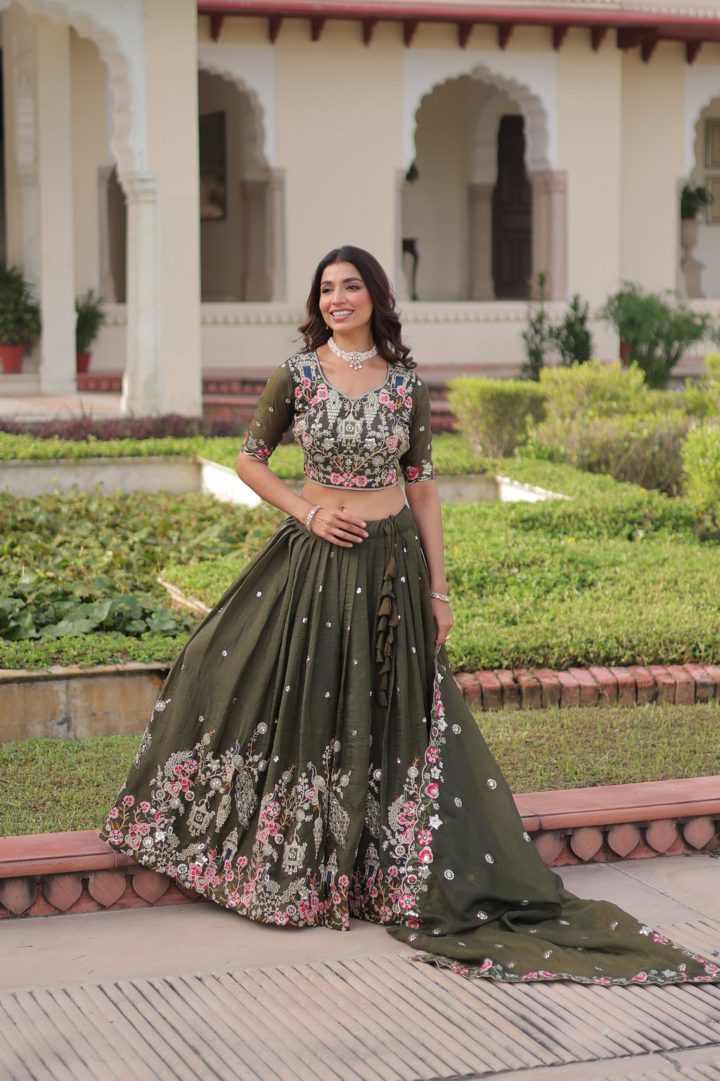 Navisha mehendi green gold crush lehenga choli with sequins zari embroidery work