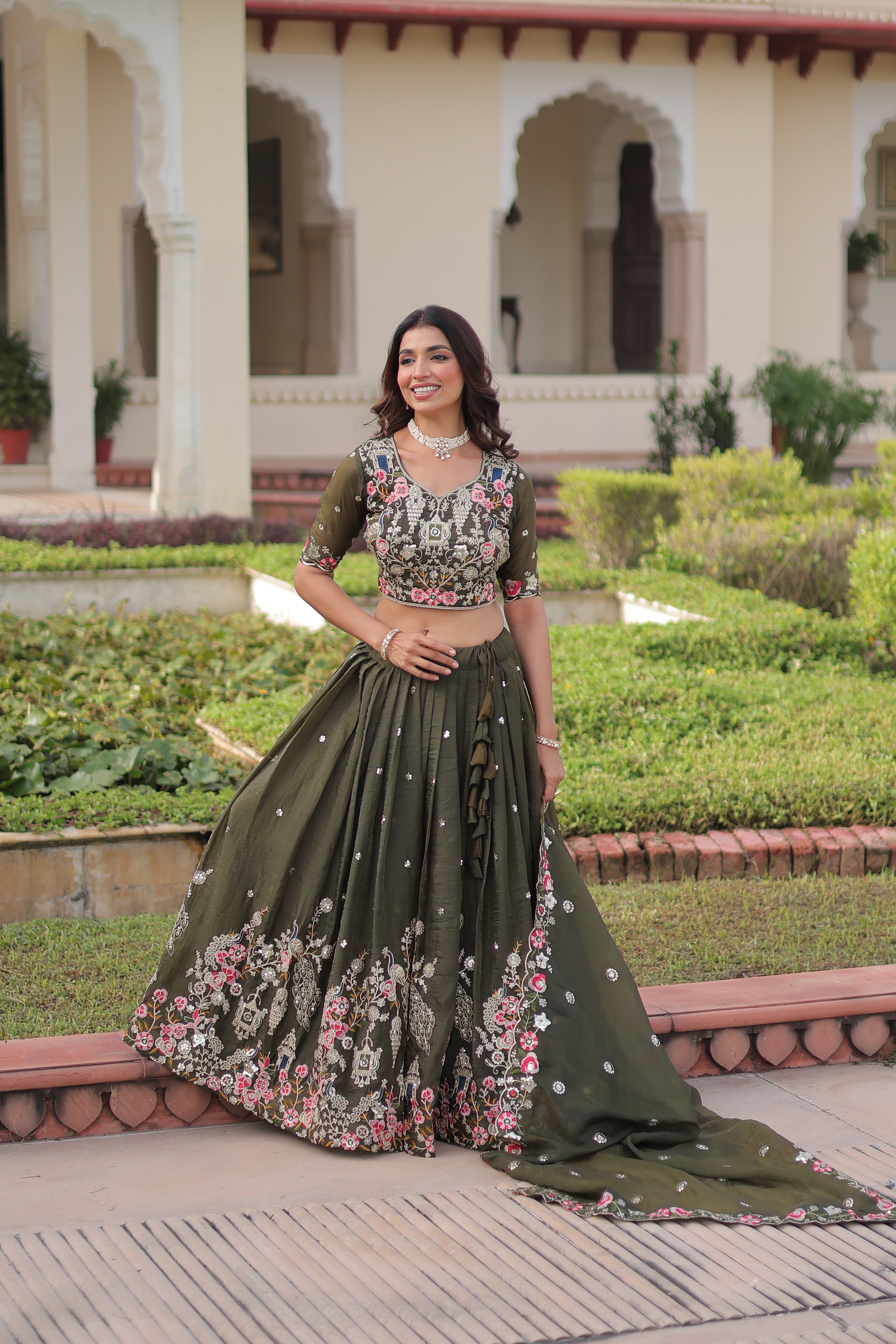 Navisha mehendi green gold crush lehenga choli with sequins zari embroidery work