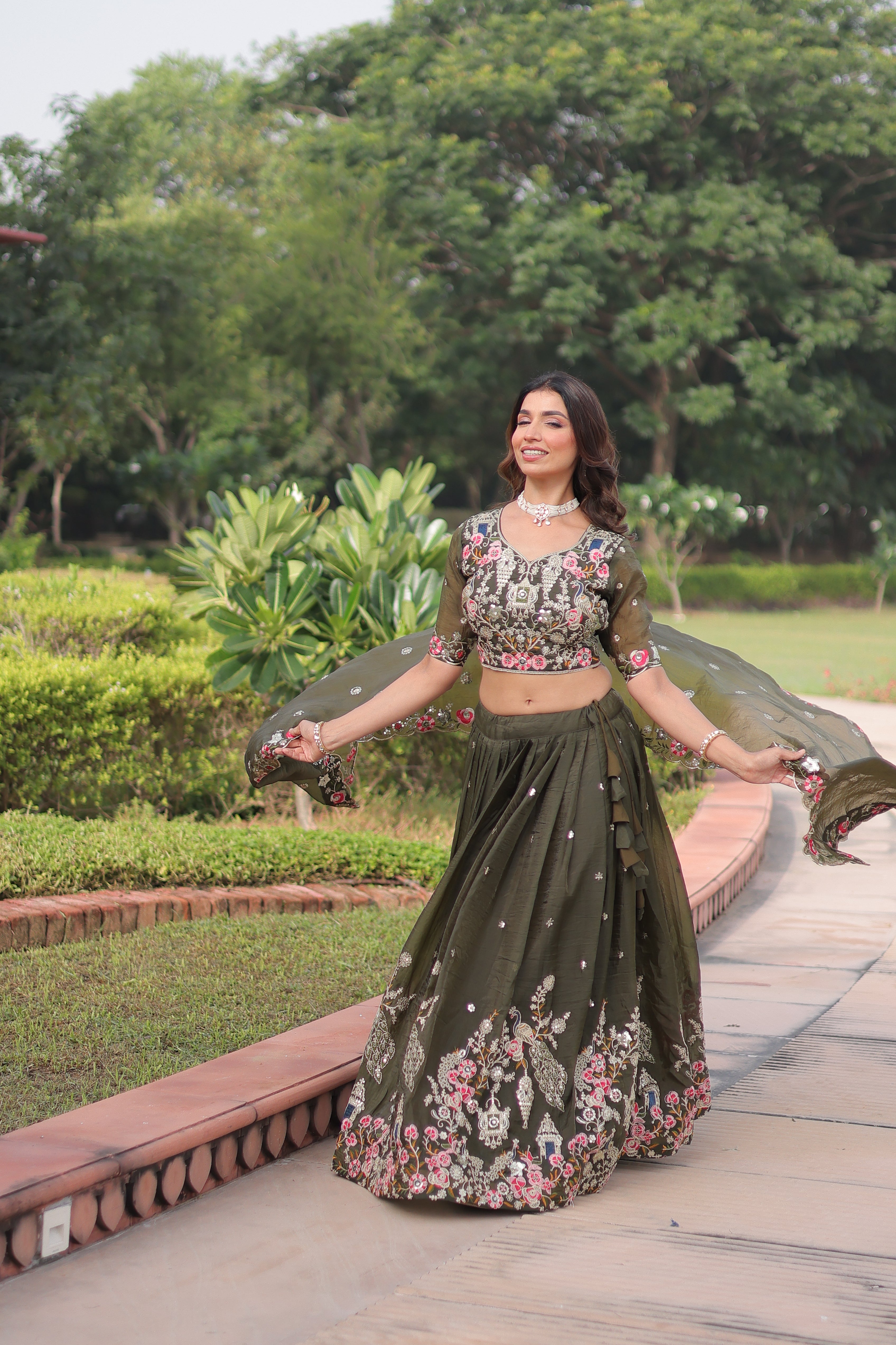 Navisha mehendi green gold crush lehenga choli with sequins zari embroidery work