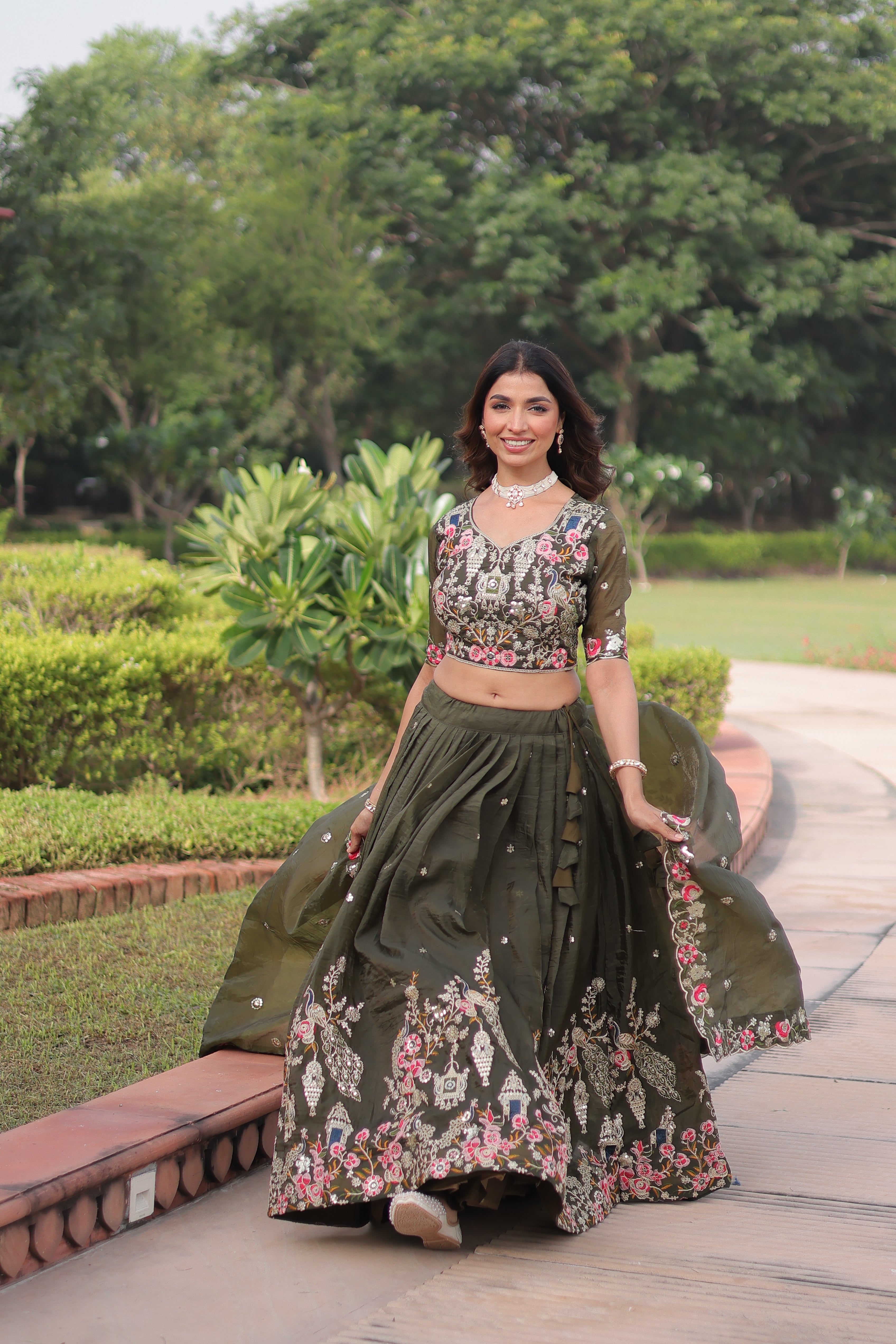 Navisha mehendi green gold crush lehenga choli with sequins zari embroidery work