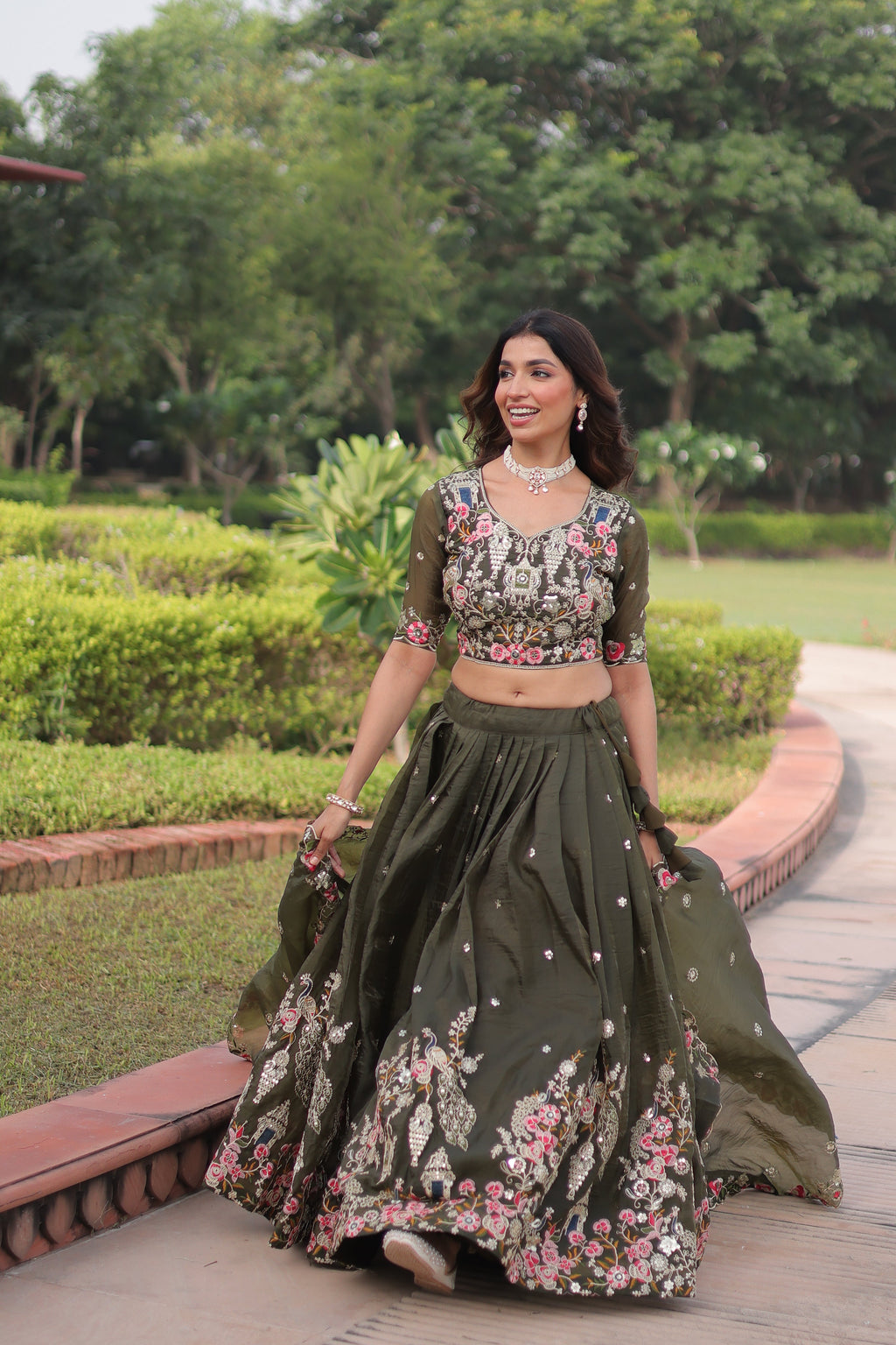 Navisha mehendi green gold crush lehenga choli with sequins zari embroidery work