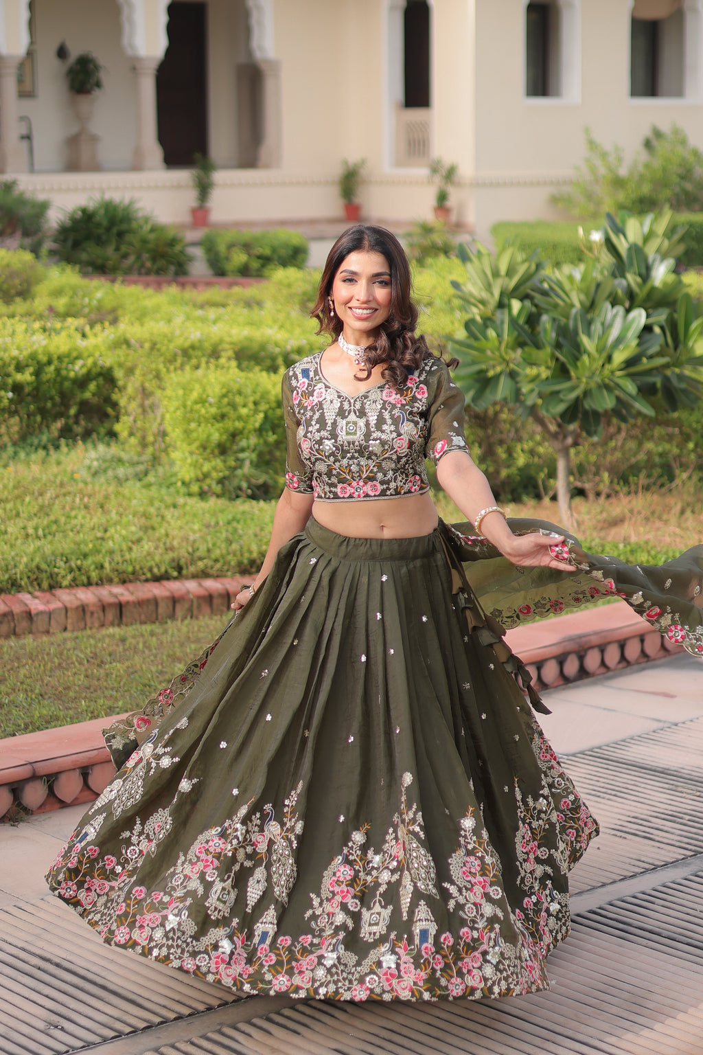 Navisha mehendi green gold crush lehenga choli with sequins zari embroidery work