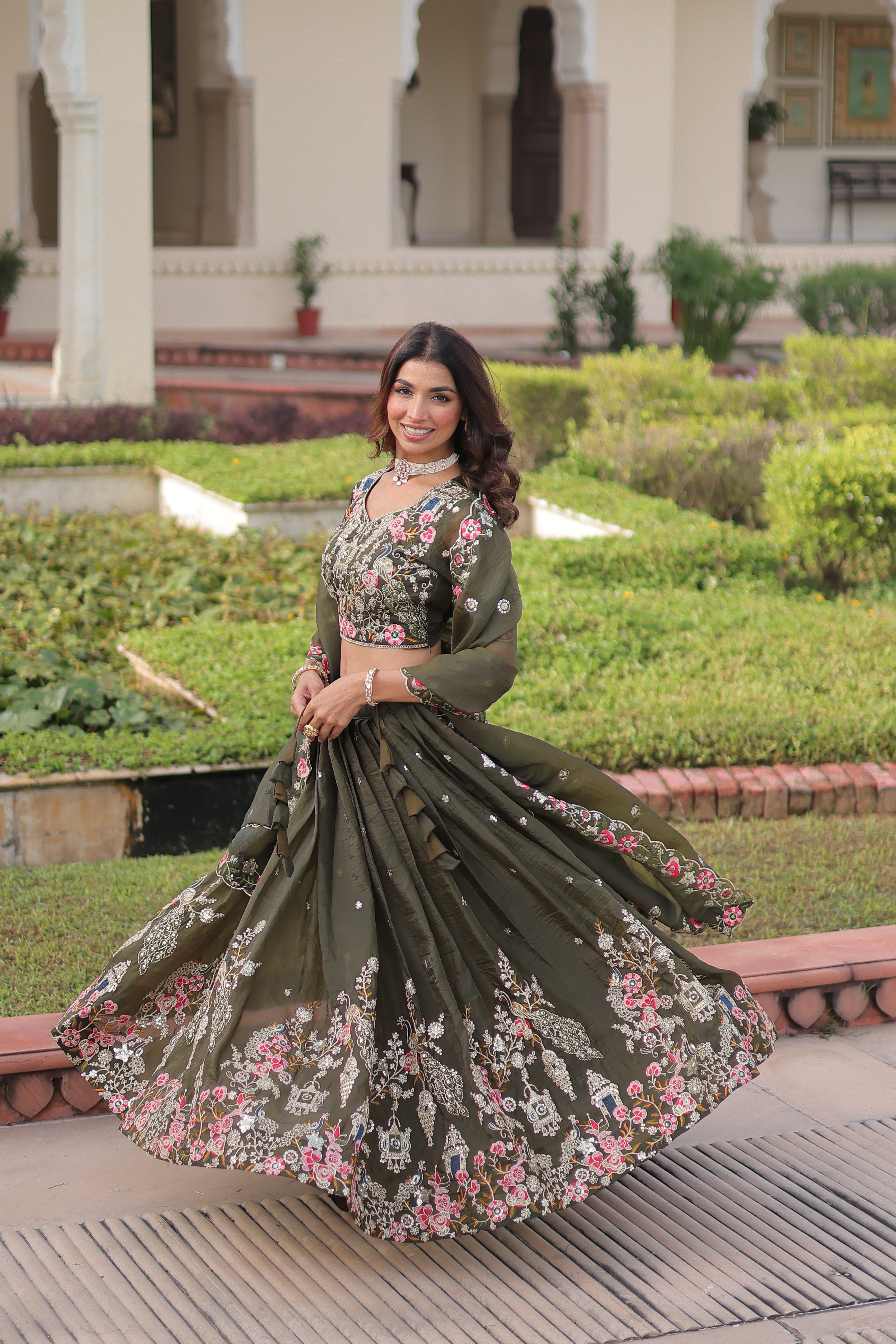 Navisha mehendi green gold crush lehenga choli with sequins zari embroidery work