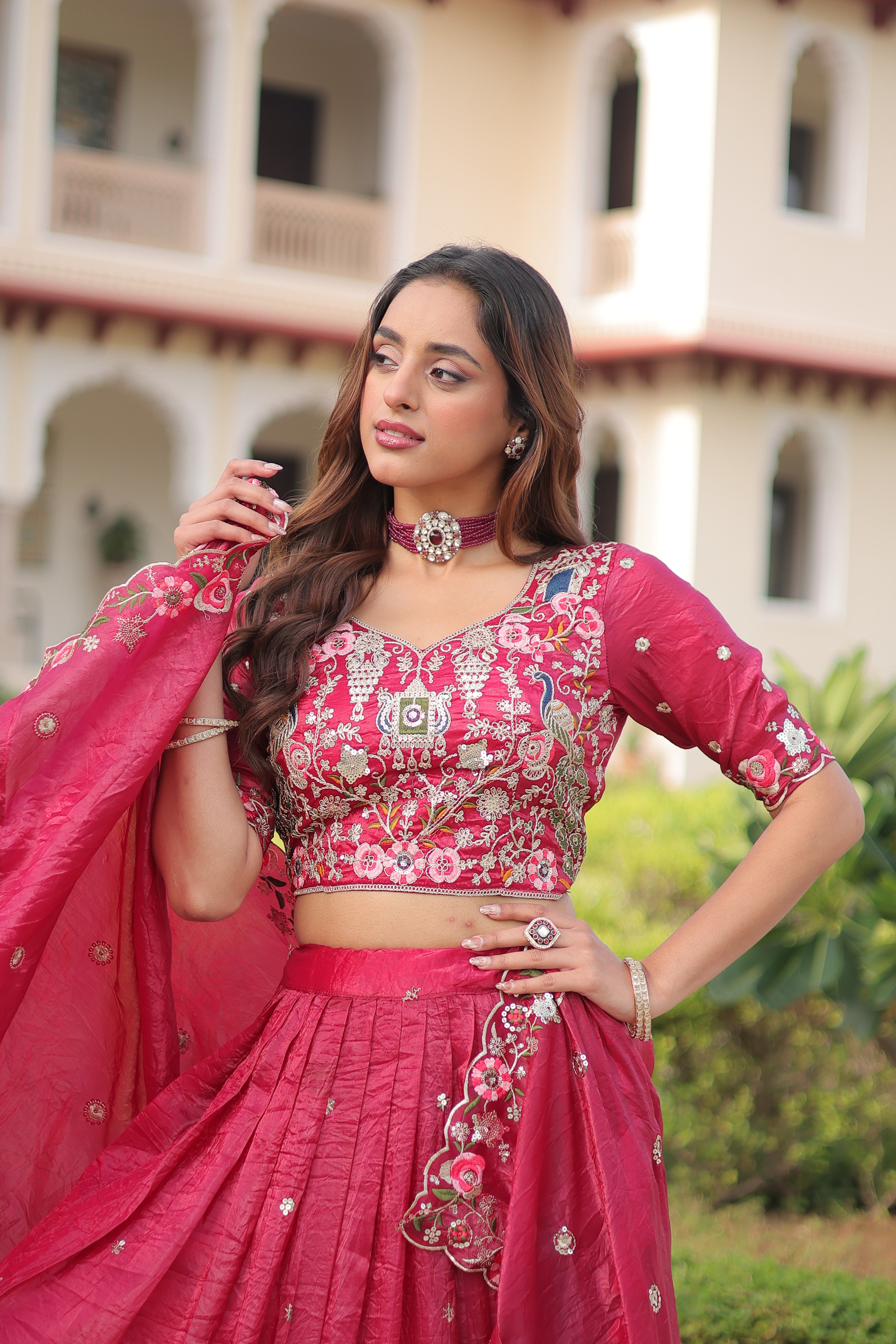 Navisha pink gold crush lehenga choli with sequins zari embroidery work