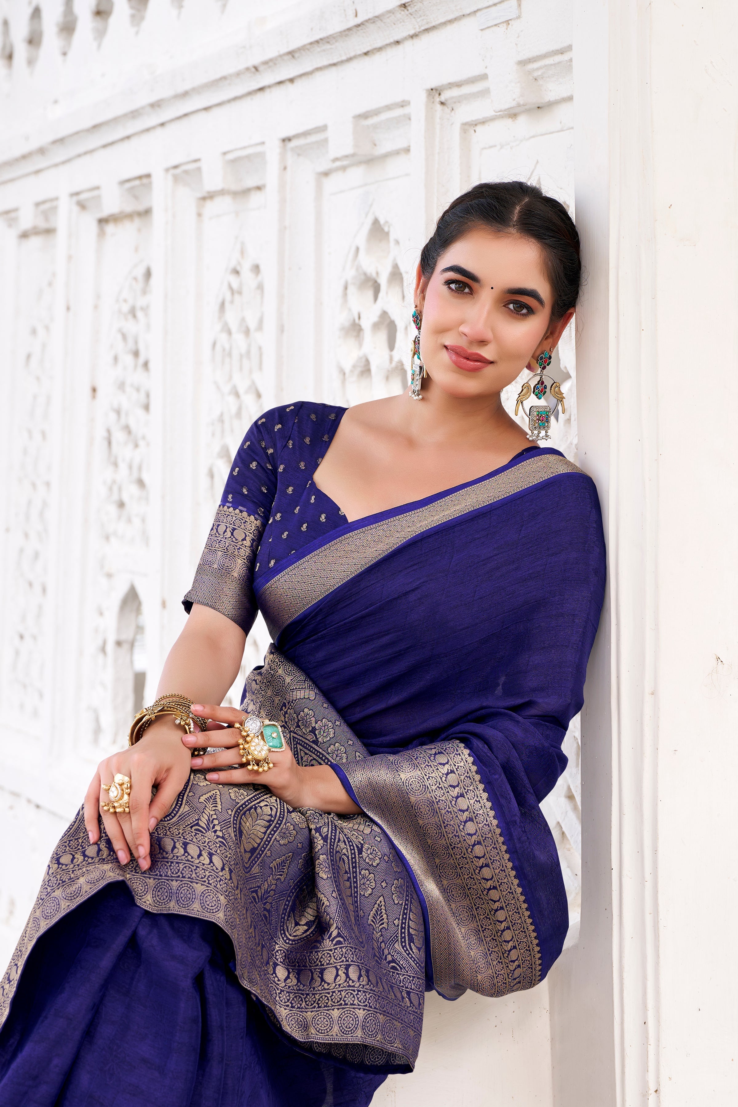 Navy blue chinon self-printed zari weaving saree with blouse