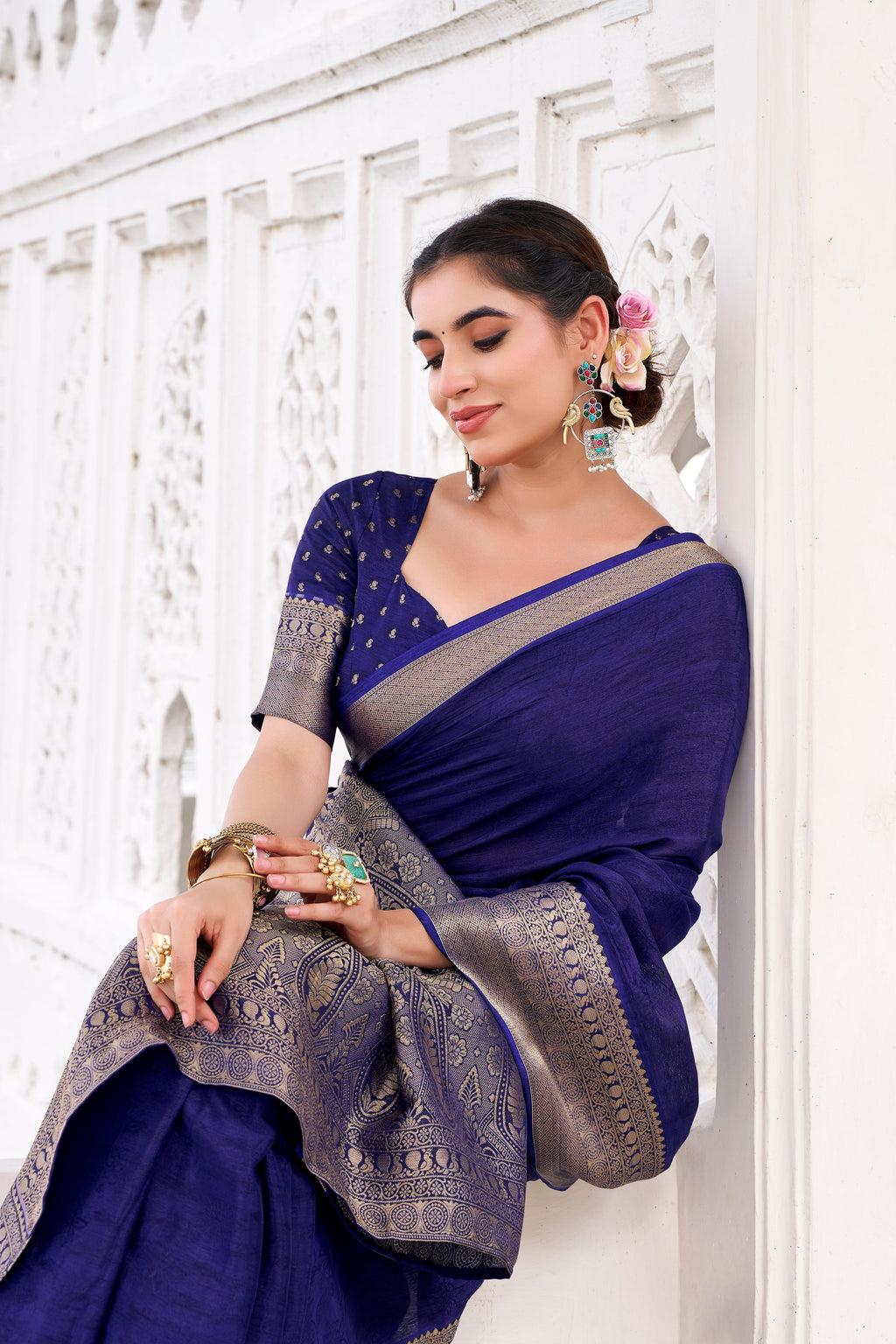 Navy blue chinon self-printed zari weaving saree with blouse