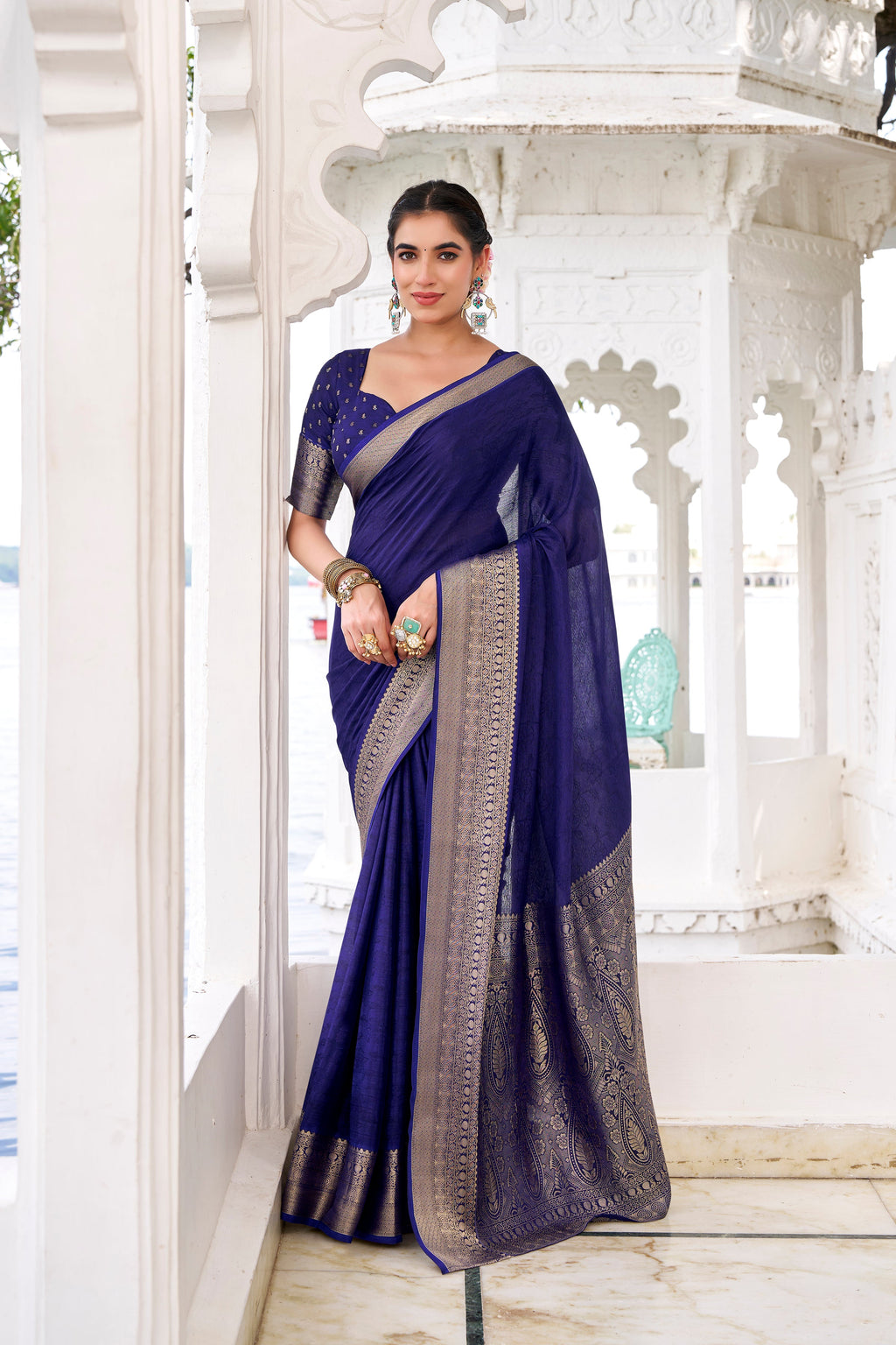 Navy blue chinon self-printed zari weaving saree with blouse