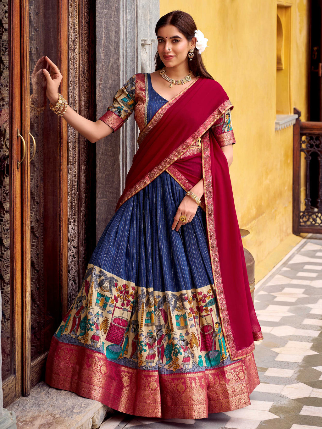 Navy blue poly Chanderi Kalamkari print zari weaving half saree lehenga