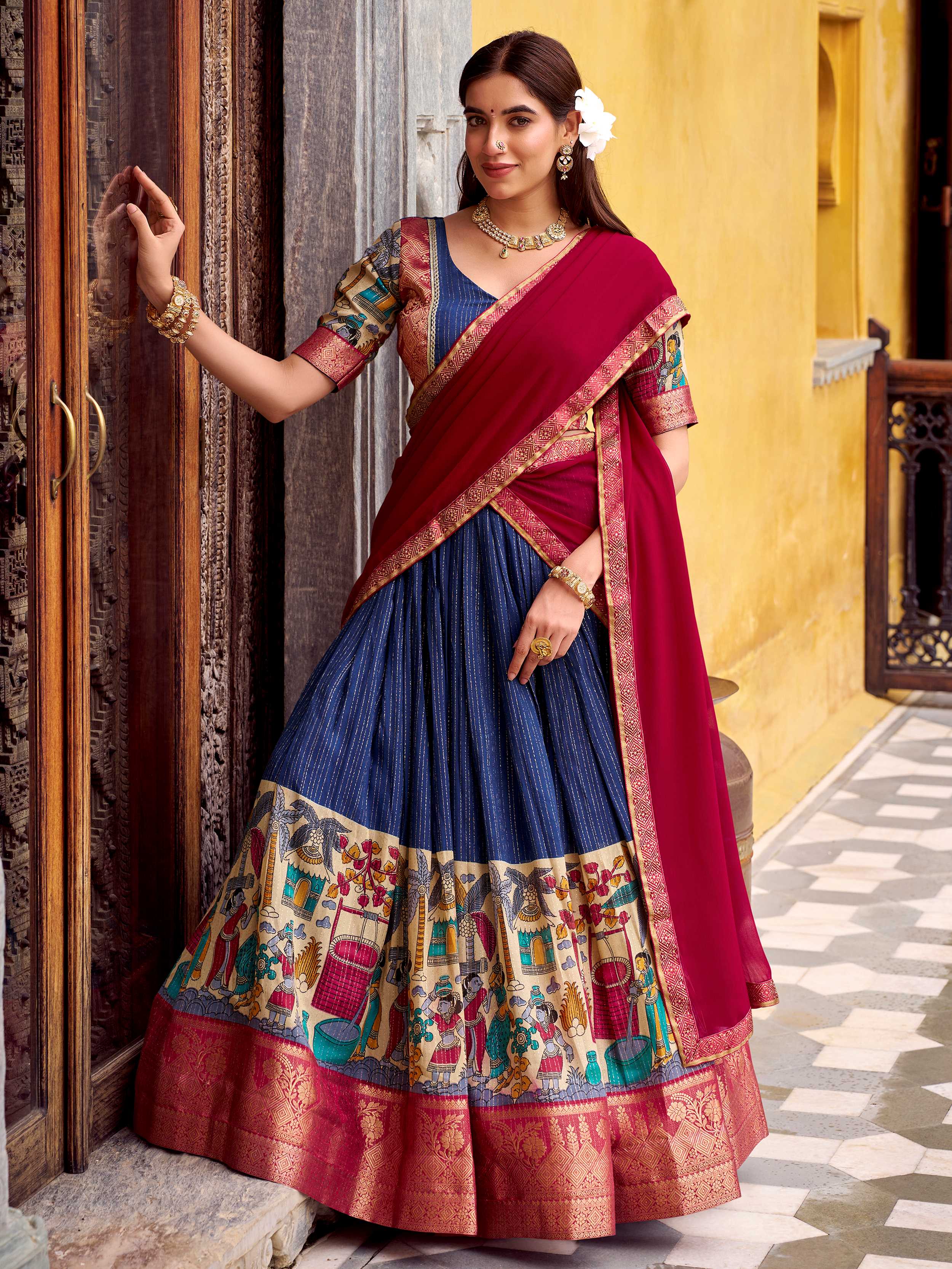Navy blue poly Chanderi Kalamkari print zari weaving half saree lehenga
