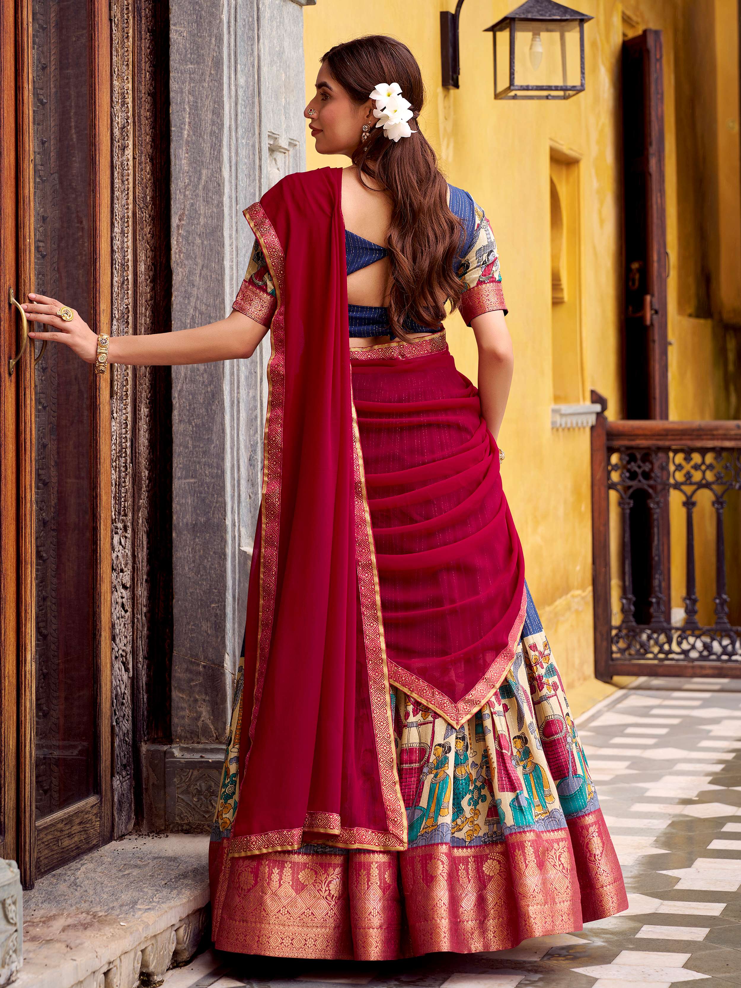 Navy blue poly Chanderi Kalamkari print zari weaving half saree lehenga